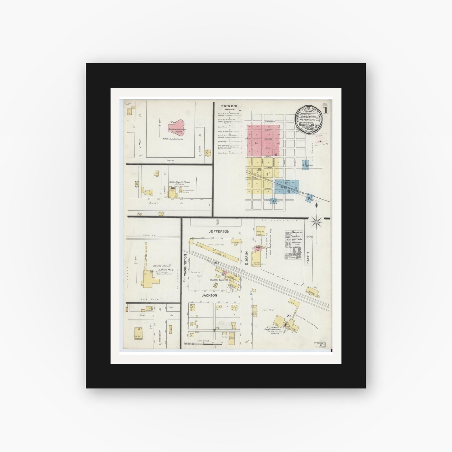 Old map wall art mockup — black gallery frame with white mat — Sanborn Fire Insurance Map from Bourbon, Marshall County, Indiana (1892) - Complete Map Set