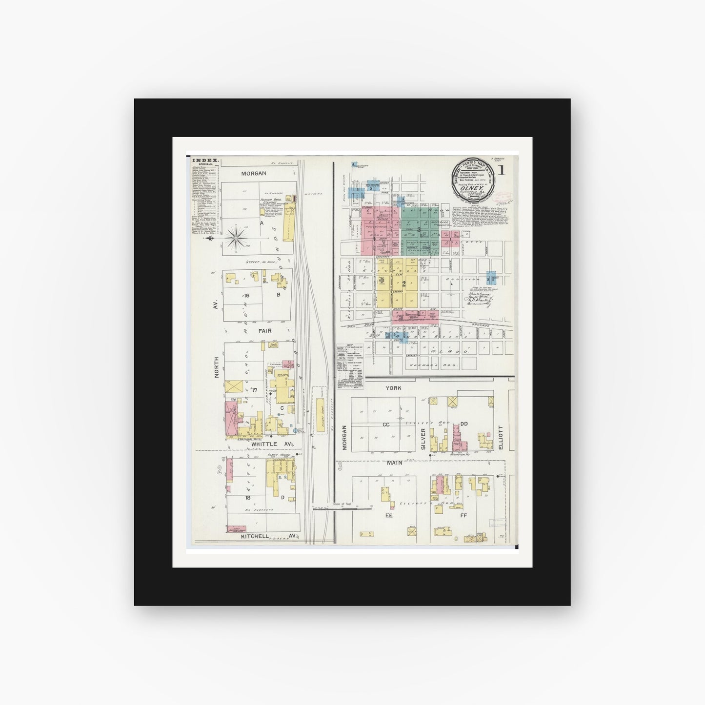Old map wall art mockup — black gallery frame with white mat — Sanborn Fire Insurance Map from Olney, Richland County, Illinois (1892) - Complete Map Set