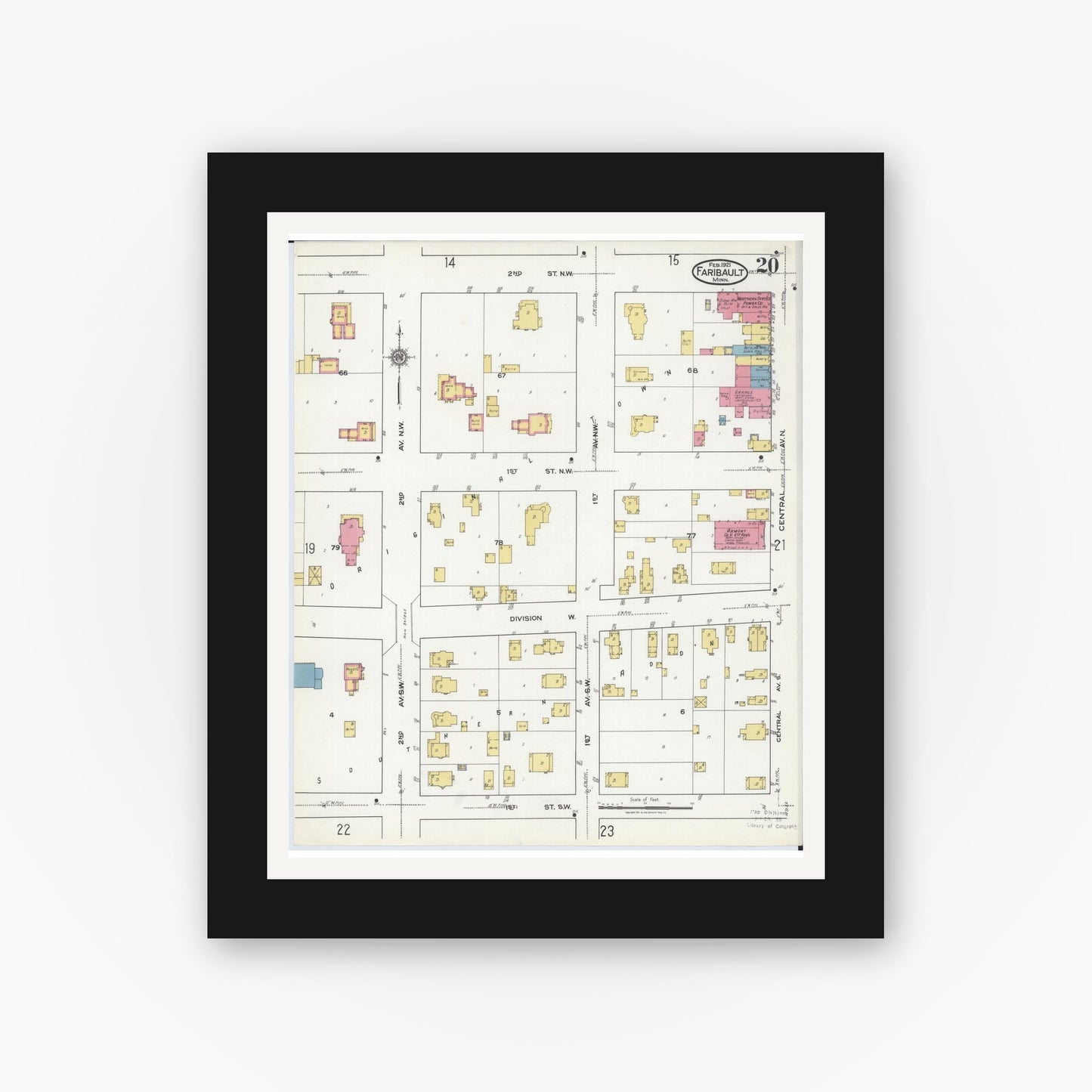 Old map wall art mockup — black gallery frame with white mat — Sanborn Fire Insurance Map from Faribault, Rice County, Minnesota (1921), Sheet #0020