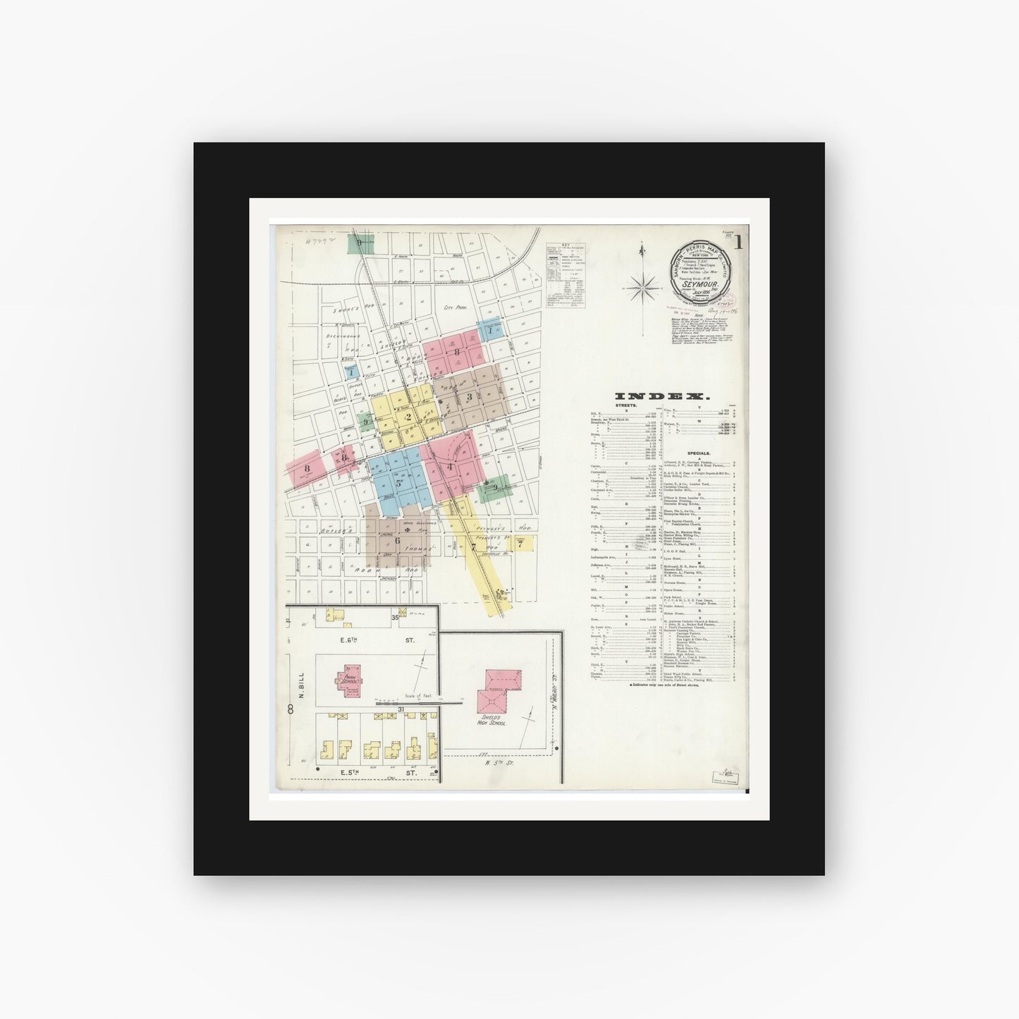 Old map wall art mockup — black gallery frame with white mat — Sanborn Fire Insurance Map from Seymour, Jackson County, Indiana (1896), Sheet #0001
