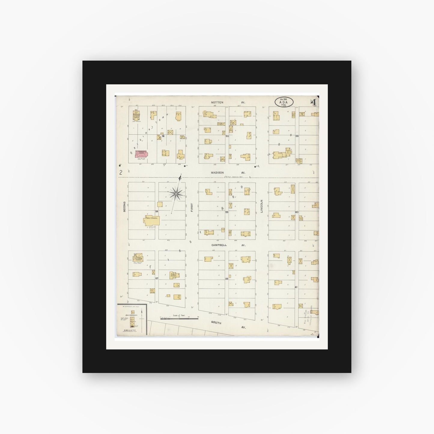 Old map wall art mockup — black gallery frame with white mat — Sanborn Fire Insurance Map from Ada, Norman County, Minnesota (1904), Sheet #0004
