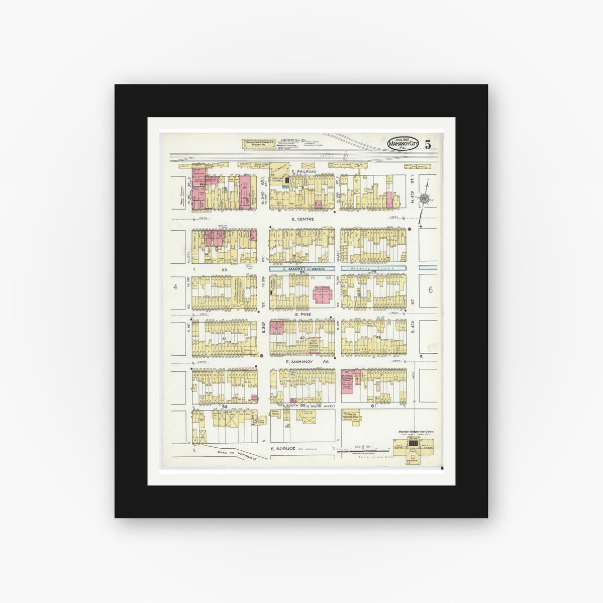 Old map wall art mockup — black gallery frame with white mat — Sanborn Fire Insurance Map from Mahanoy City, Schuylkill County, Pennsylvania (1920), Sheet #0005