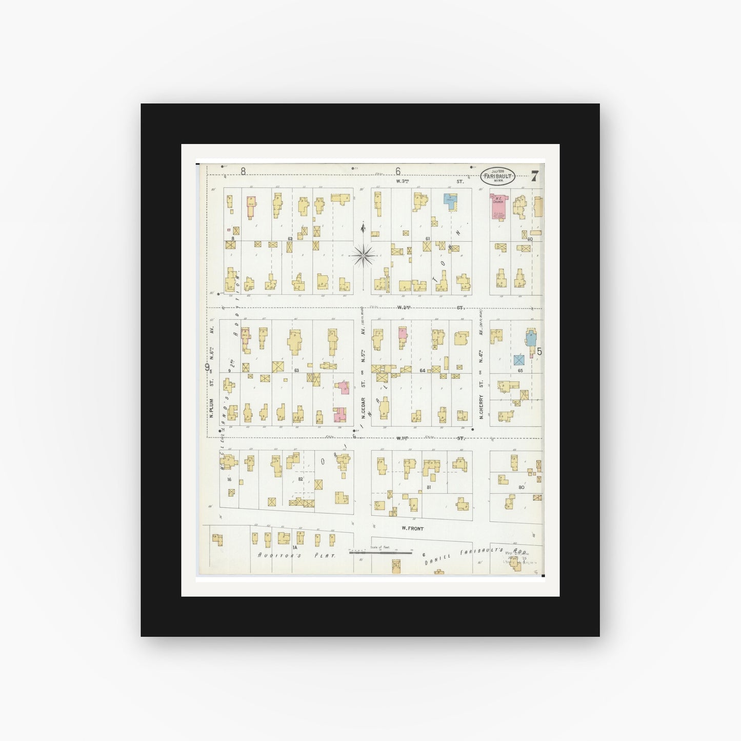 Old map wall art mockup — black gallery frame with white mat — Sanborn Fire Insurance Map from Faribault, Rice County, Minnesota (1899), Sheet #0007
