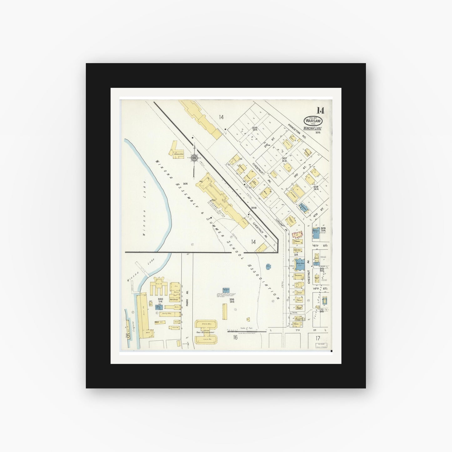 Old map wall art mockup — black gallery frame with white mat — Sanborn Fire Insurance Map from Warsaw, Kosciusko County, Indiana (1917), Sheet #0014
