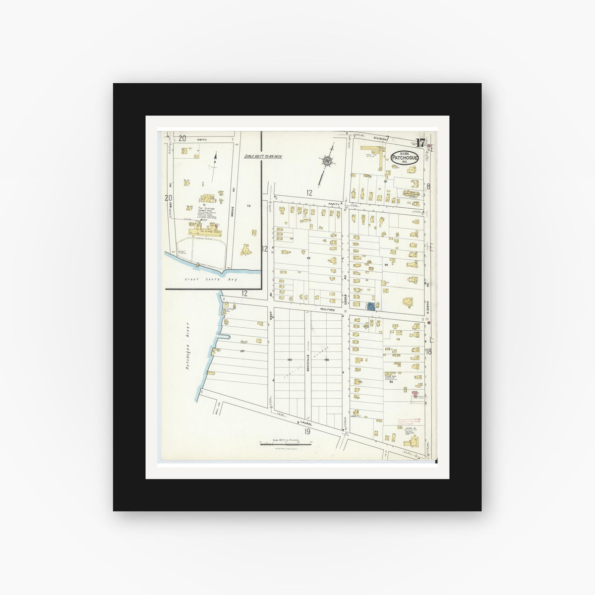 Old map wall art mockup — black gallery frame with white mat — Sanborn Fire Insurance Map from Patchogue, Suffolk County, New York (1916), Sheet #0017
