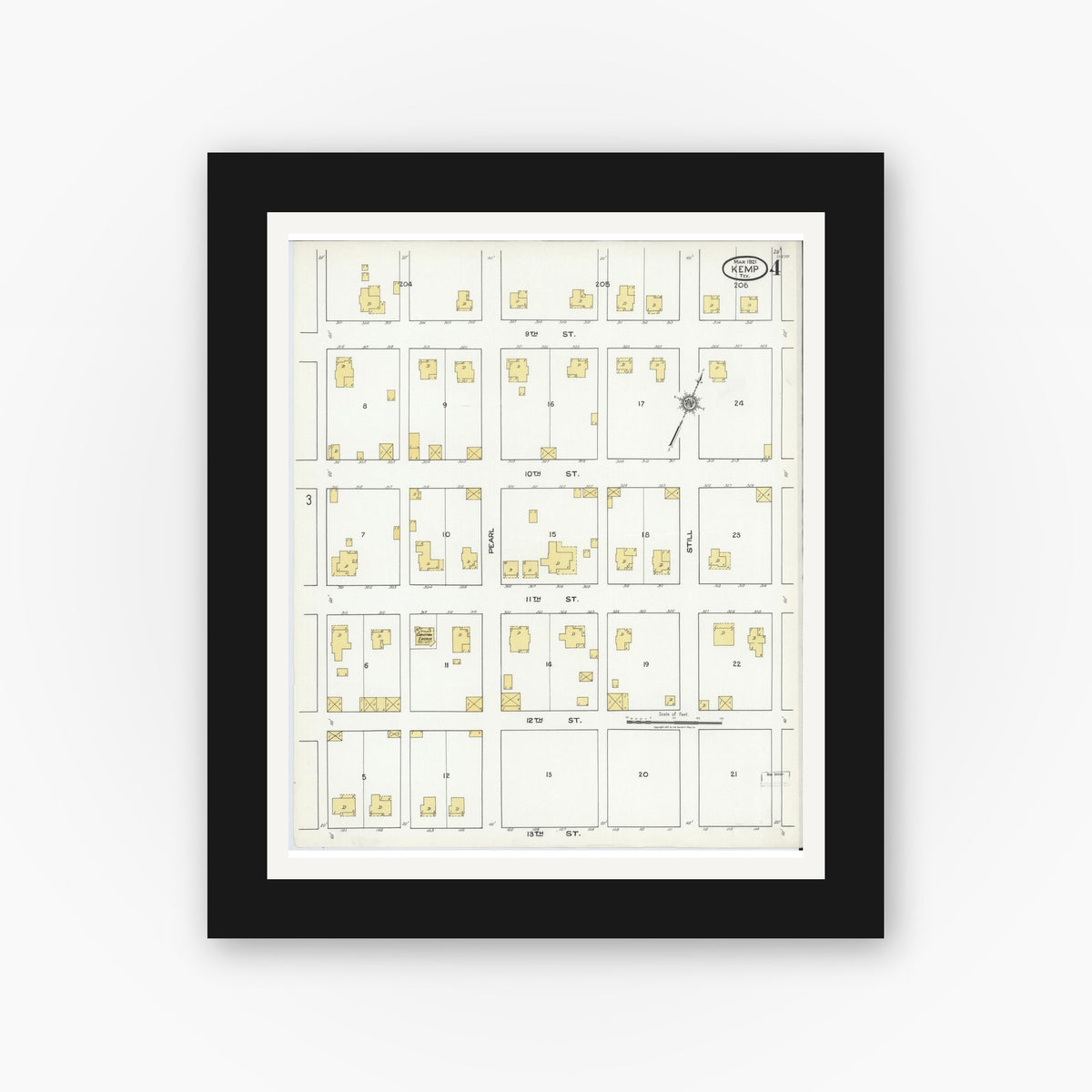 Old map wall art mockup — black gallery frame with white mat — Sanborn Fire Insurance Map from Kemp, Kaufman County, Texas (1921), Sheet #0004
