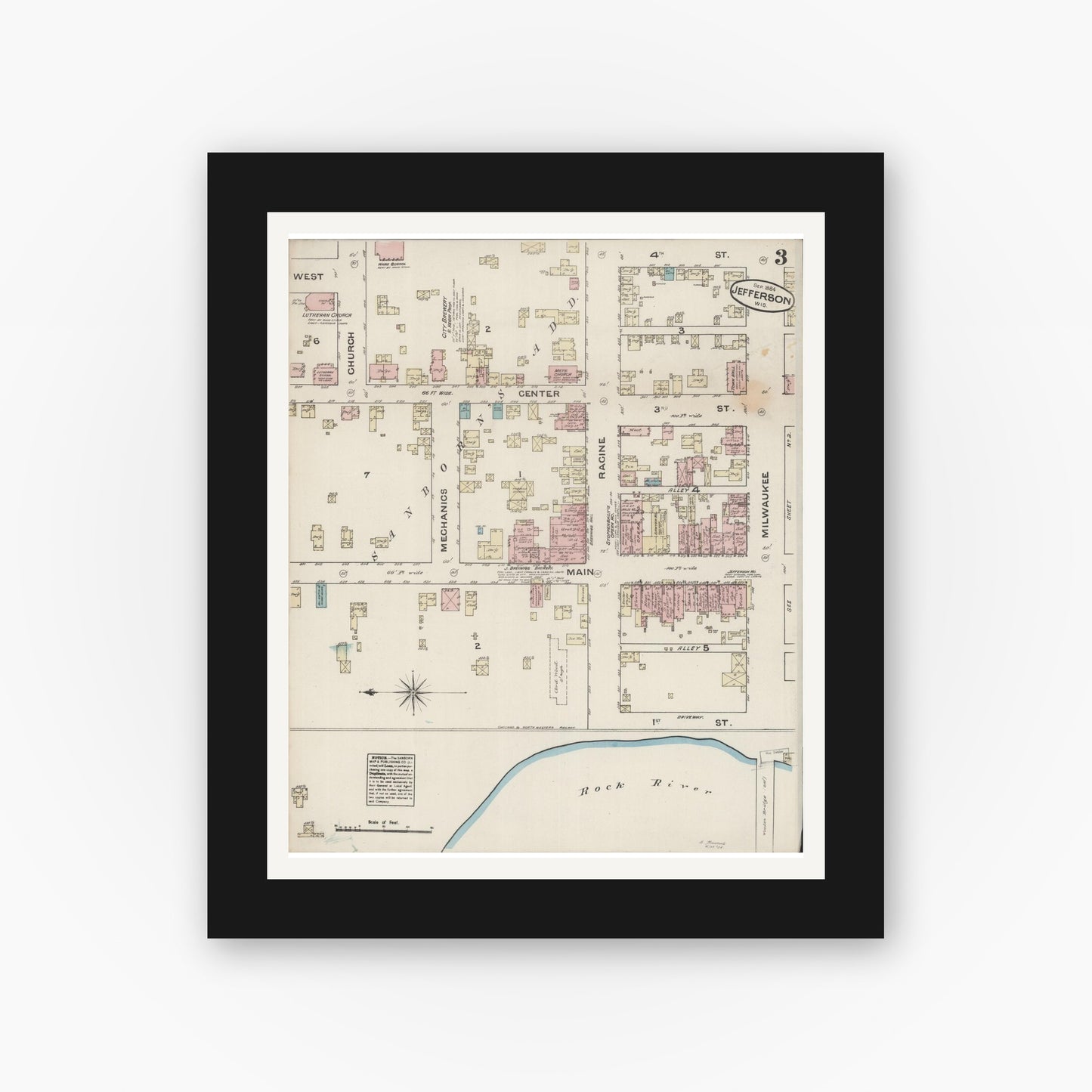 Old map wall art mockup — black gallery frame with white mat — Sanborn Fire Insurance Map from Jefferson, Jefferson County, Wisconsin (1884), Sheet #0003