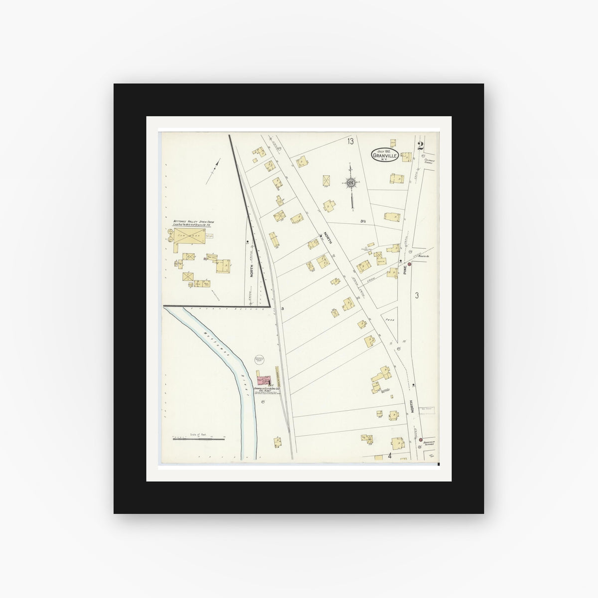 Old map wall art mockup — black gallery frame with white mat — Sanborn Fire Insurance Map from Granville, Washington County, New York (1912), Sheet #0002