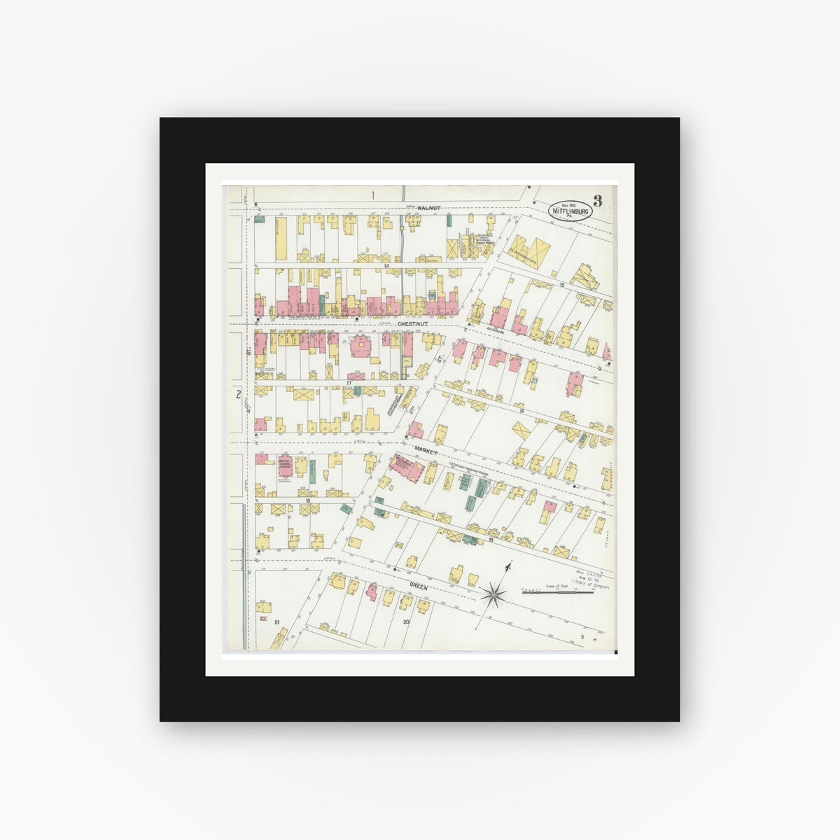 Old map wall art mockup — black gallery frame with white mat — Sanborn Fire Insurance Map from Mifflinburg, Union County, Pennsylvania (1901), Sheet #0003
