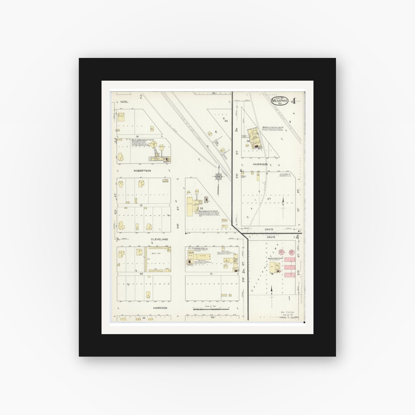 Old map wall art mockup — black gallery frame with white mat — Sanborn Fire Insurance Map from Memphis, Hall County, Texas (1914), Sheet #0004