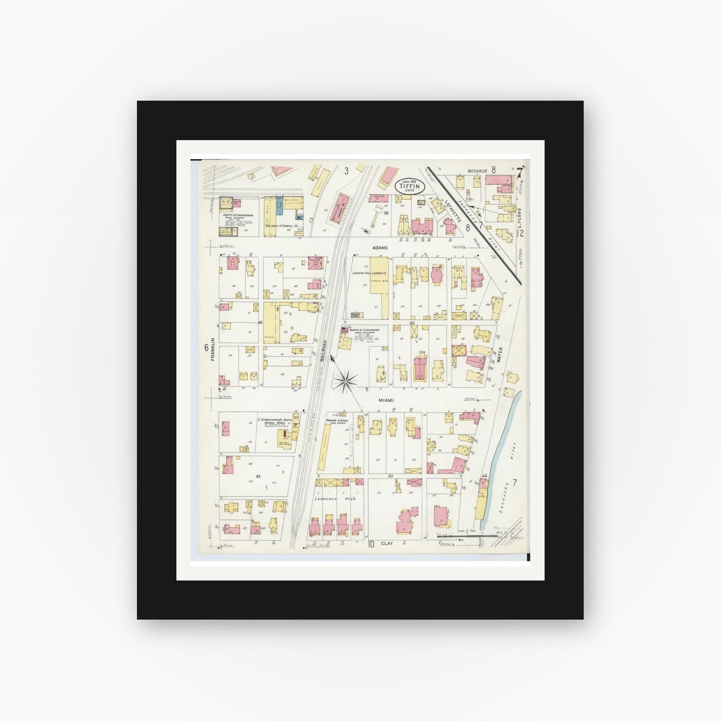 Old map wall art mockup — black gallery frame with white mat — Sanborn Fire Insurance Map from Tiffin, Seneca County, Ohio (1908), Sheet #0007