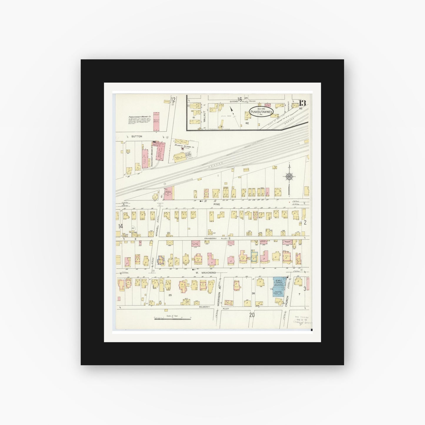 Old map wall art mockup — black gallery frame with white mat — Sanborn Fire Insurance Map from Punxsutawney, Jefferson County, Pennsylvania (1912), Sheet #0013
