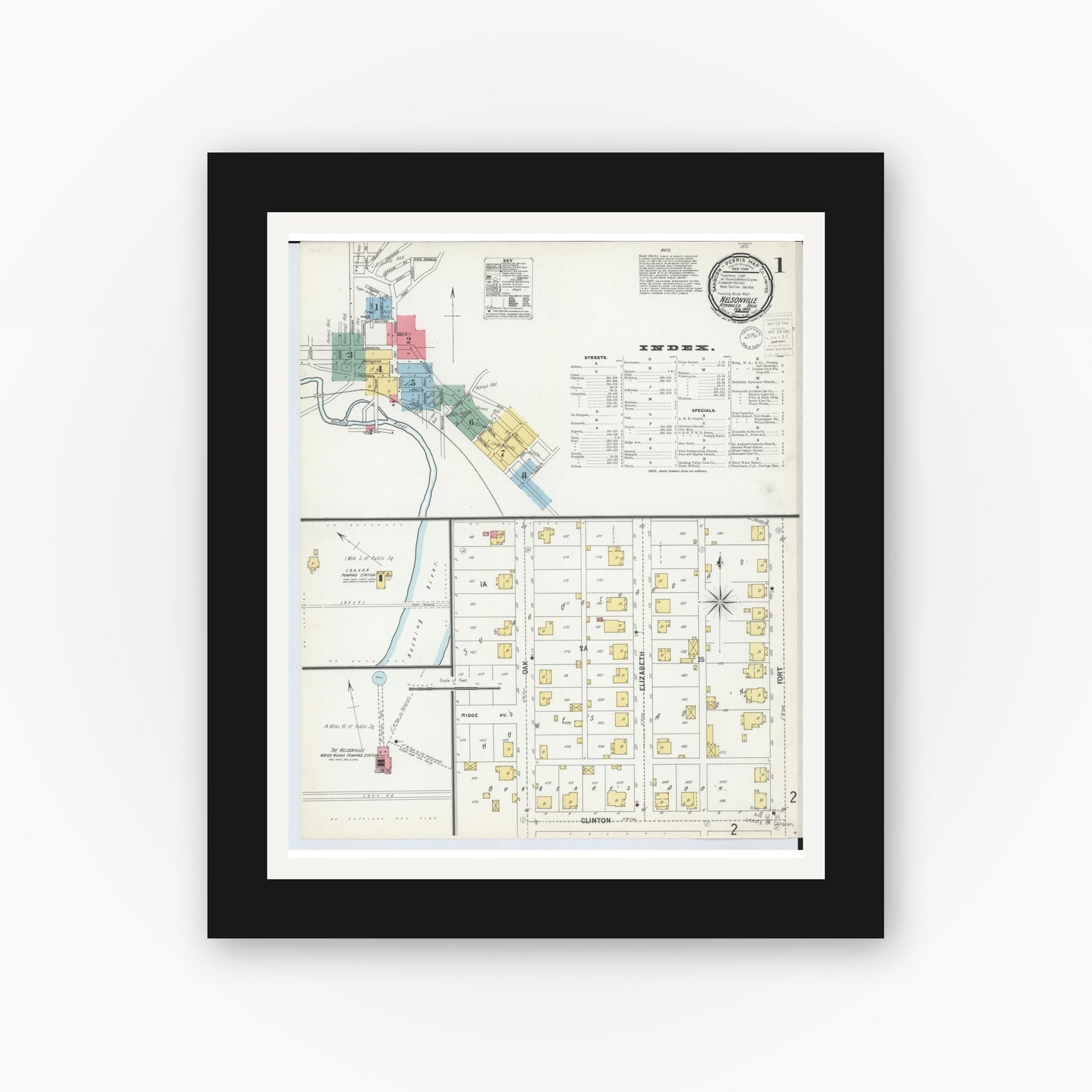 Old map wall art mockup — black gallery frame with white mat — Sanborn Fire Insurance Map from Nelsonville, Athens County, Ohio (1900), Sheet #0001