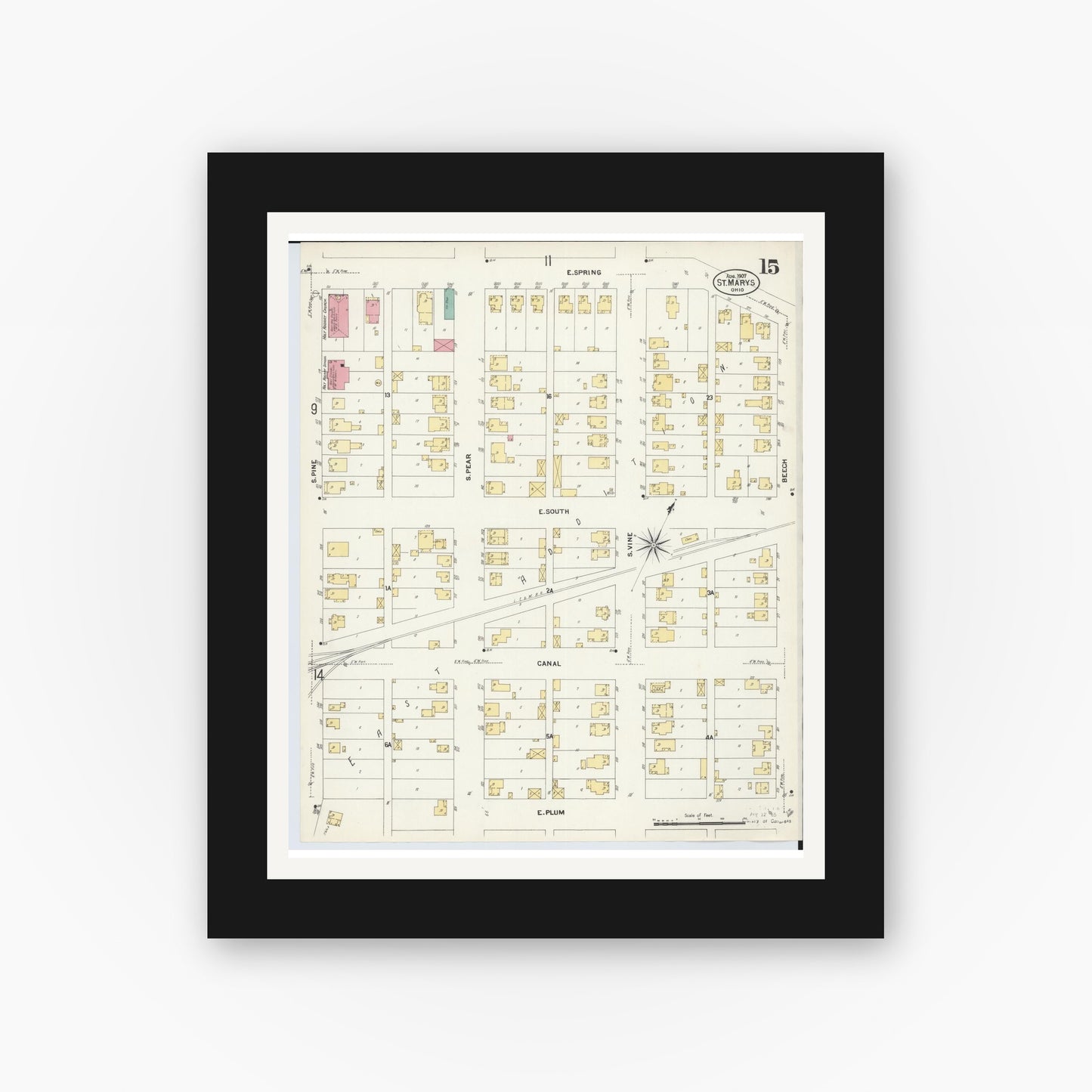 Old map wall art mockup — black gallery frame with white mat — Sanborn Fire Insurance Map from Saint Marys, Auglaize County, Ohio (1907), Sheet #0015