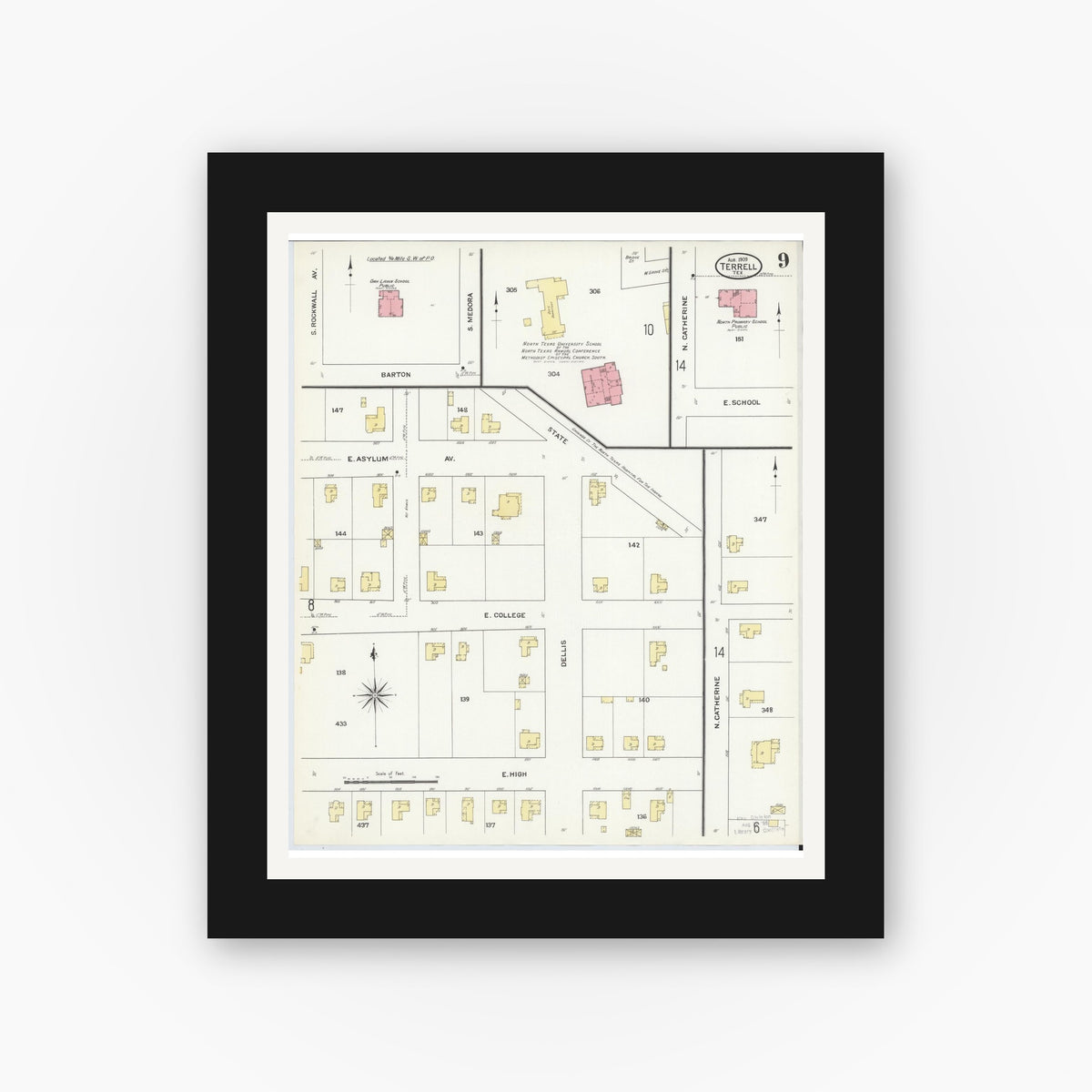 Old map wall art mockup — black gallery frame with white mat — Sanborn Fire Insurance Map from Terrell, Kaufman County, Texas (1909), Sheet #0009