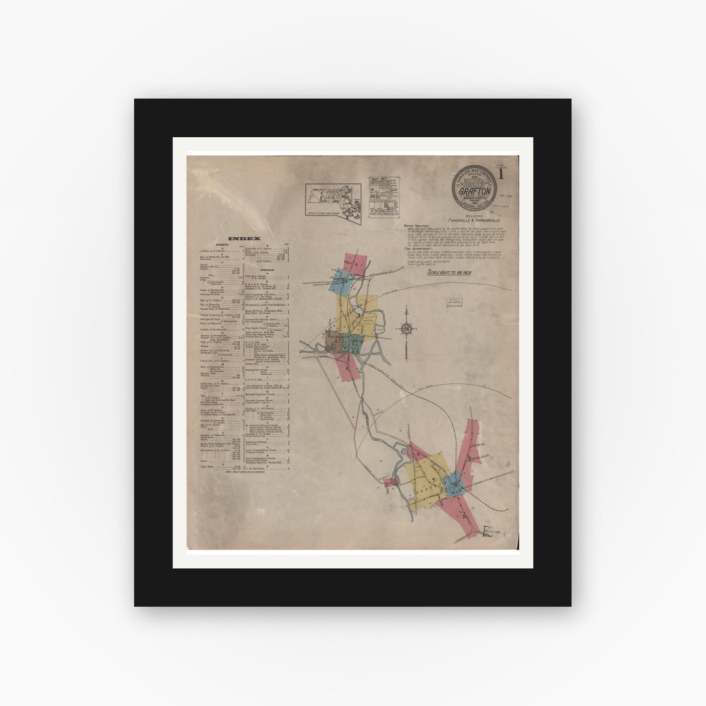 Old map wall art mockup — black gallery frame with white mat — Sanborn Fire Insurance Map from Grafton, Worcester County, Massachusetts (1922), Sheet #0001