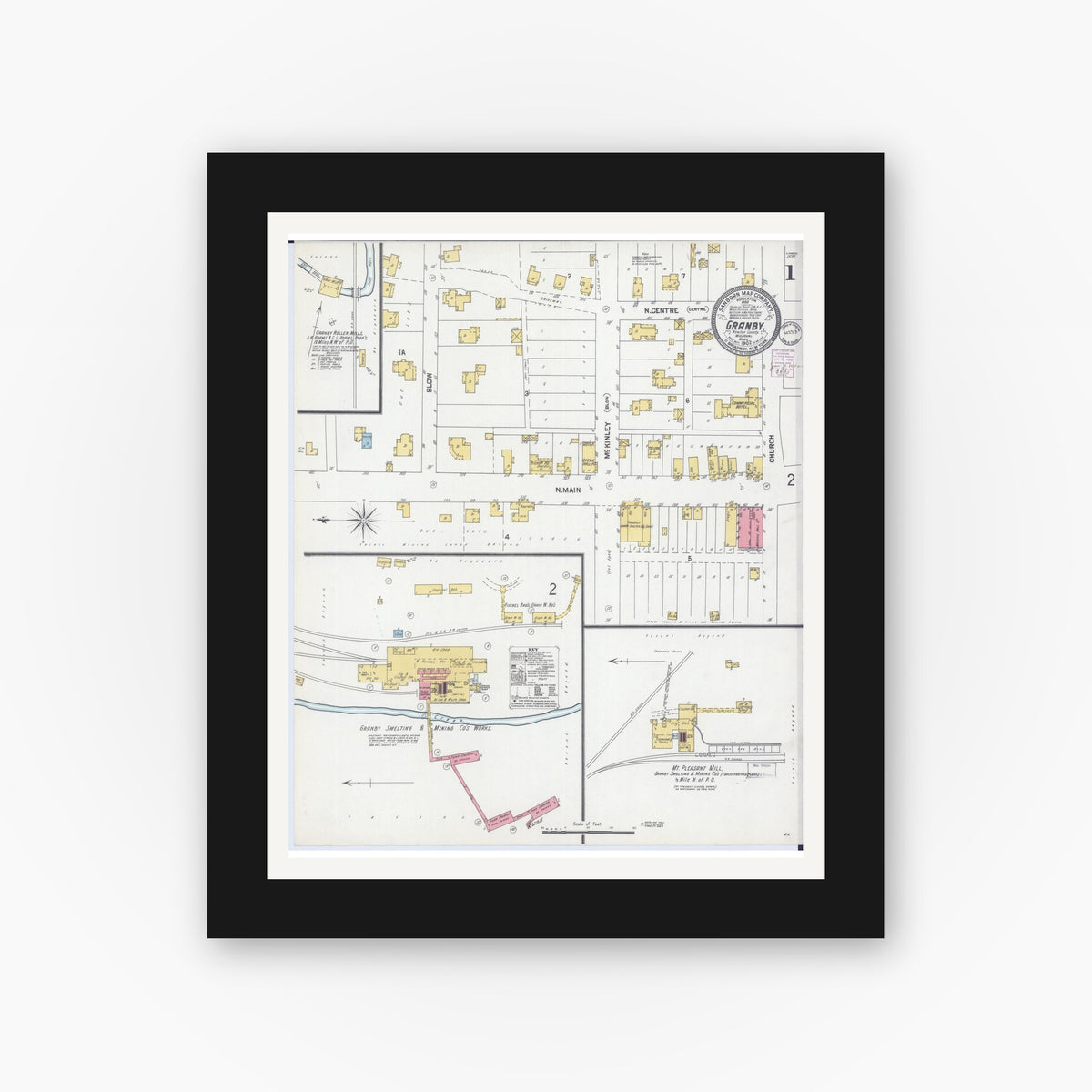 Old map wall art mockup — black gallery frame with white mat — Sanborn Fire Insurance Map from Granby, Newton County, Missouri (1902) - Complete Map Set