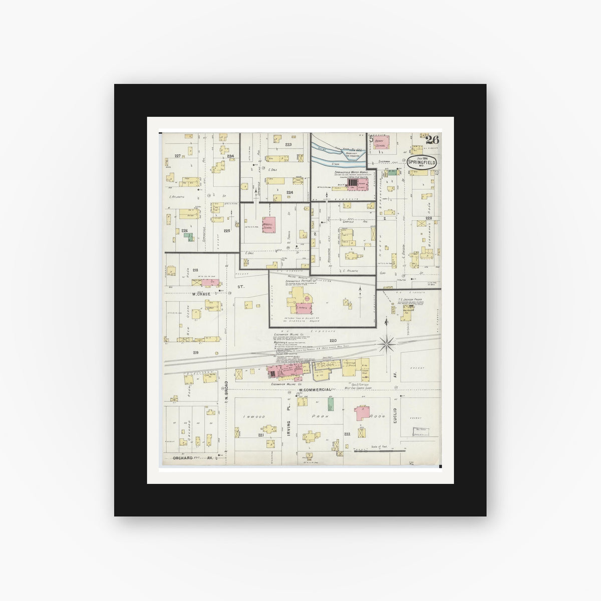Old map wall art mockup — black gallery frame with white mat — Sanborn Fire Insurance Map from Springfield, Greene County, Missouri (1896), Sheet #0026