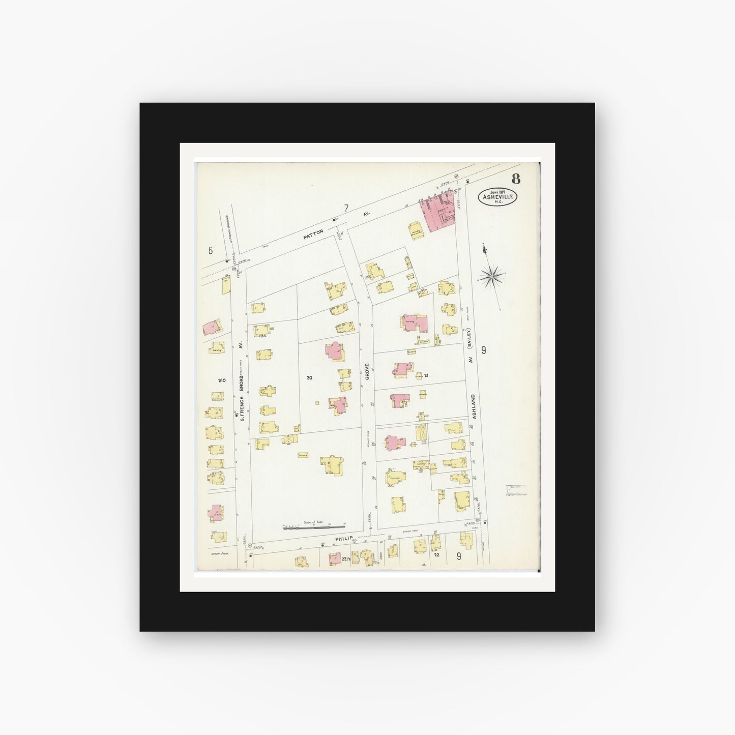 Old map wall art mockup — black gallery frame with white mat — Sanborn Fire Insurance Map from Asheville, Buncombe County, North Carolina (1907), Sheet #0008