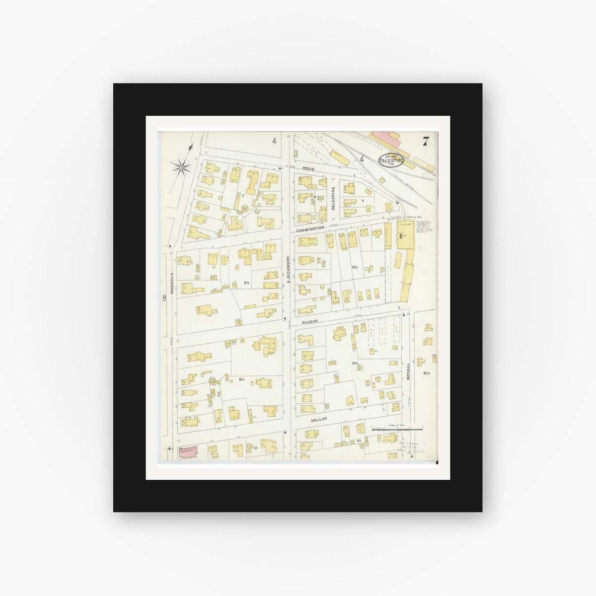 Old map wall art mockup — black gallery frame with white mat — Sanborn Fire Insurance Map from Palestine, Anderson County, Texas (1905), Sheet #0007
