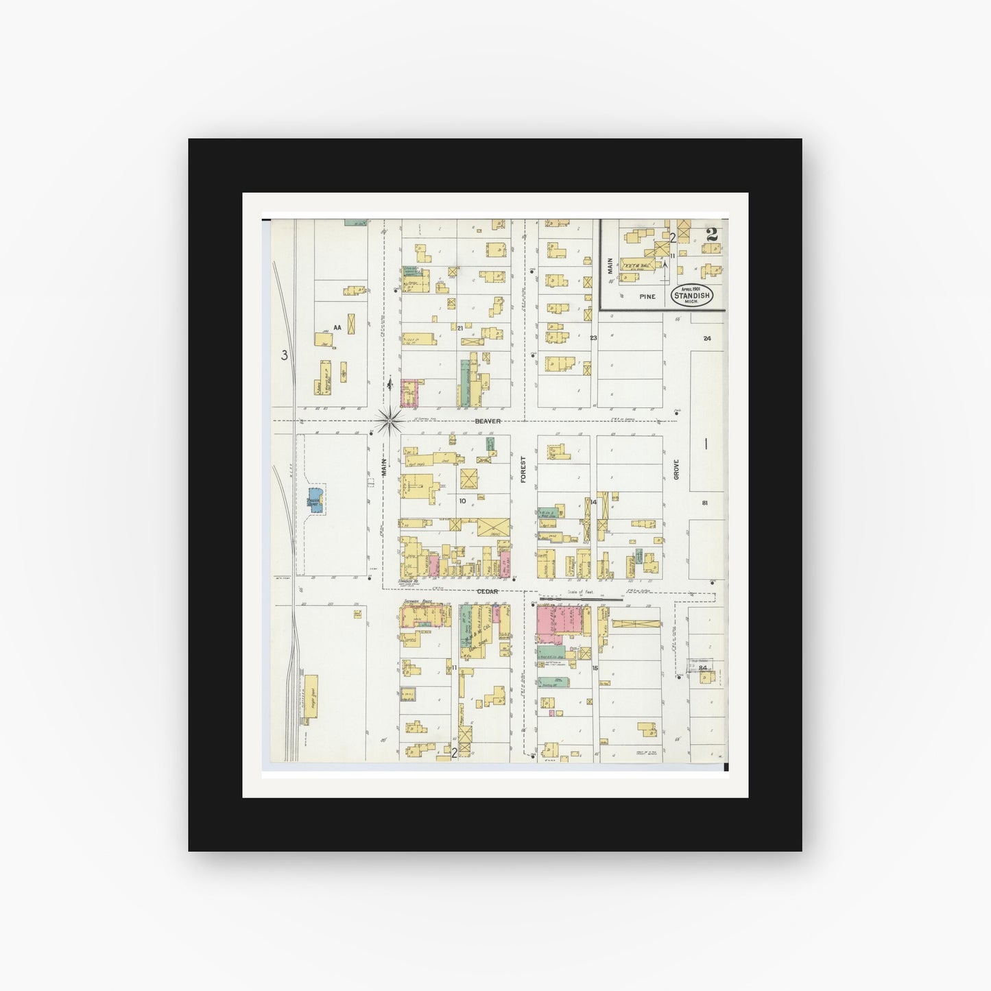 Old map wall art mockup — black gallery frame with white mat — Sanborn Fire Insurance Map from Standish, Arenac County, Michigan (1901), Sheet #0002