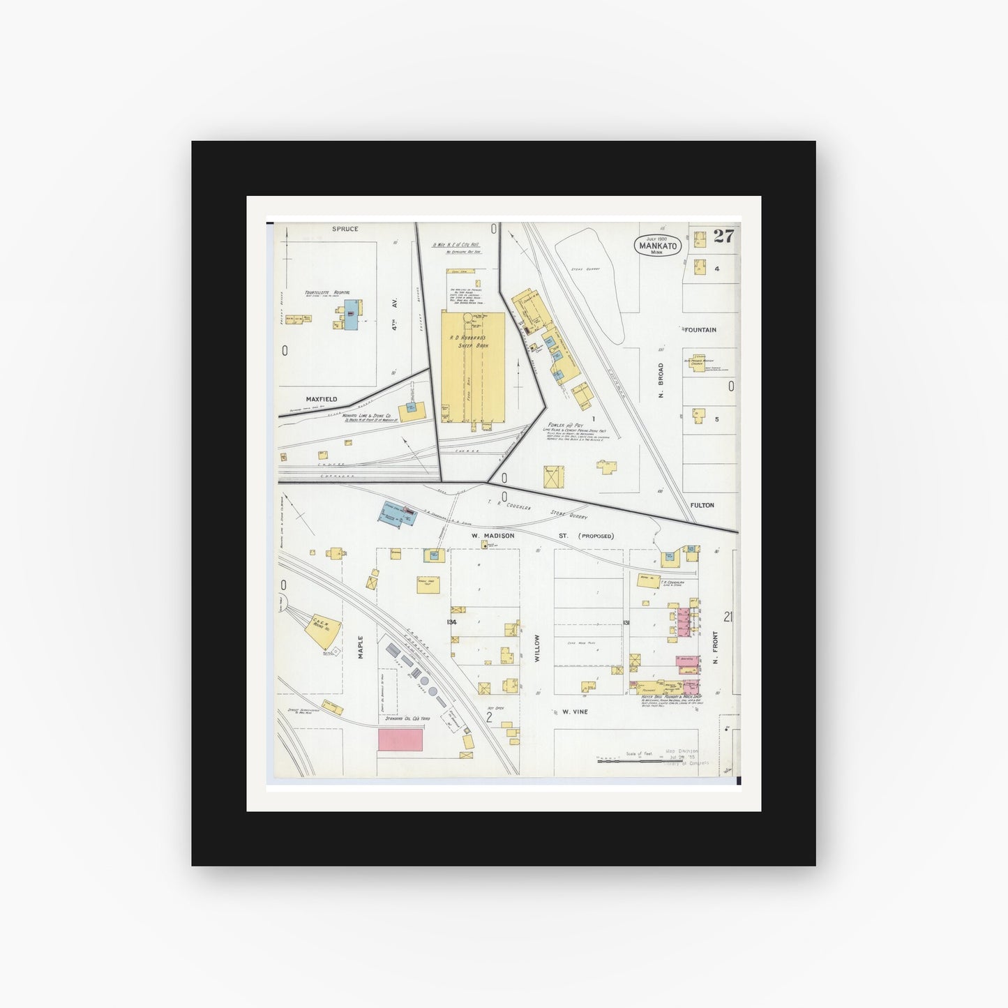 Old map wall art mockup — black gallery frame with white mat — Sanborn Fire Insurance Map from Mankato, Blue Earth County, Minnesota (1900), Sheet #0027