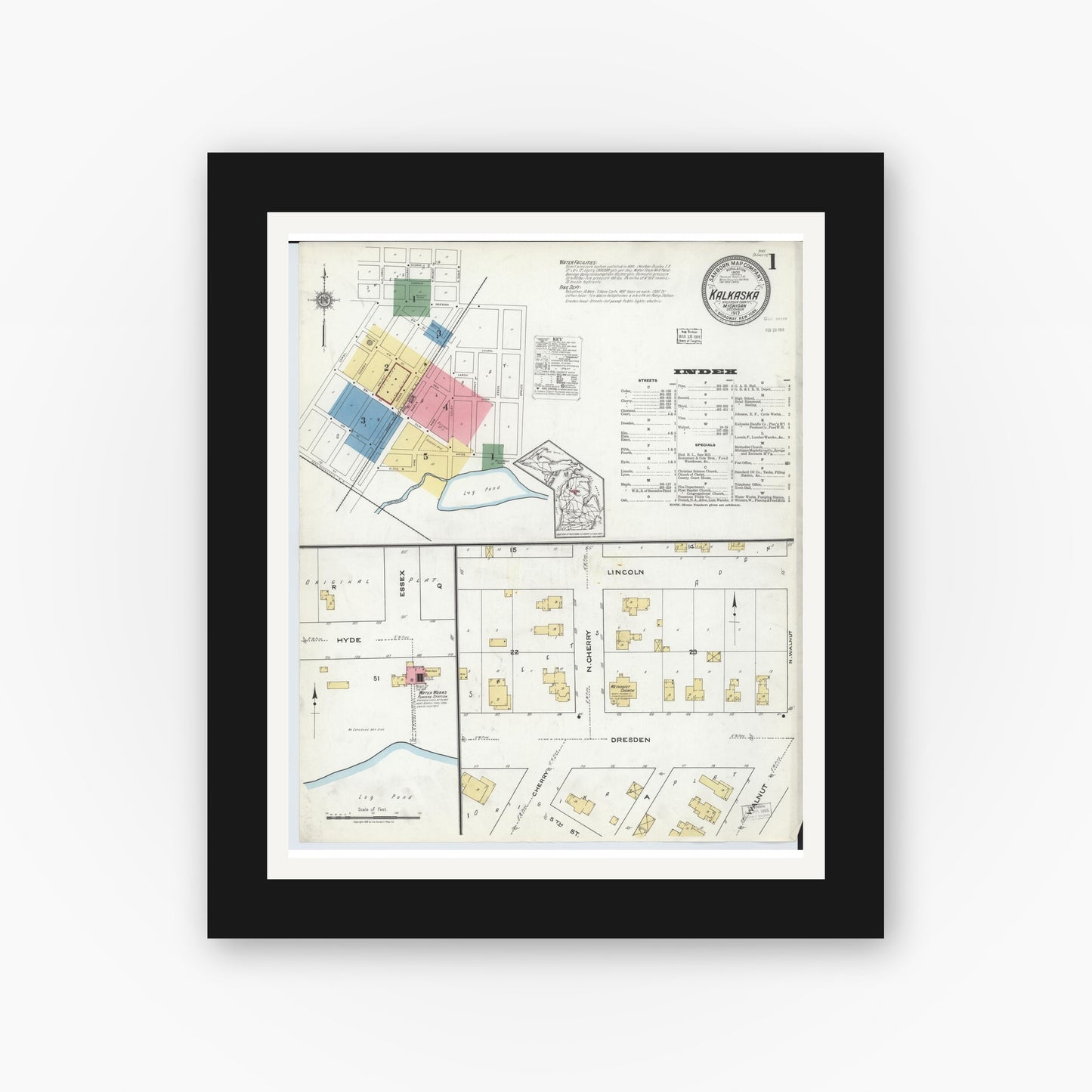 Old map wall art mockup — black gallery frame with white mat — Sanborn Fire Insurance Map from Kalkaska, Kalkaska County, Michigan (1917), Sheet #0001