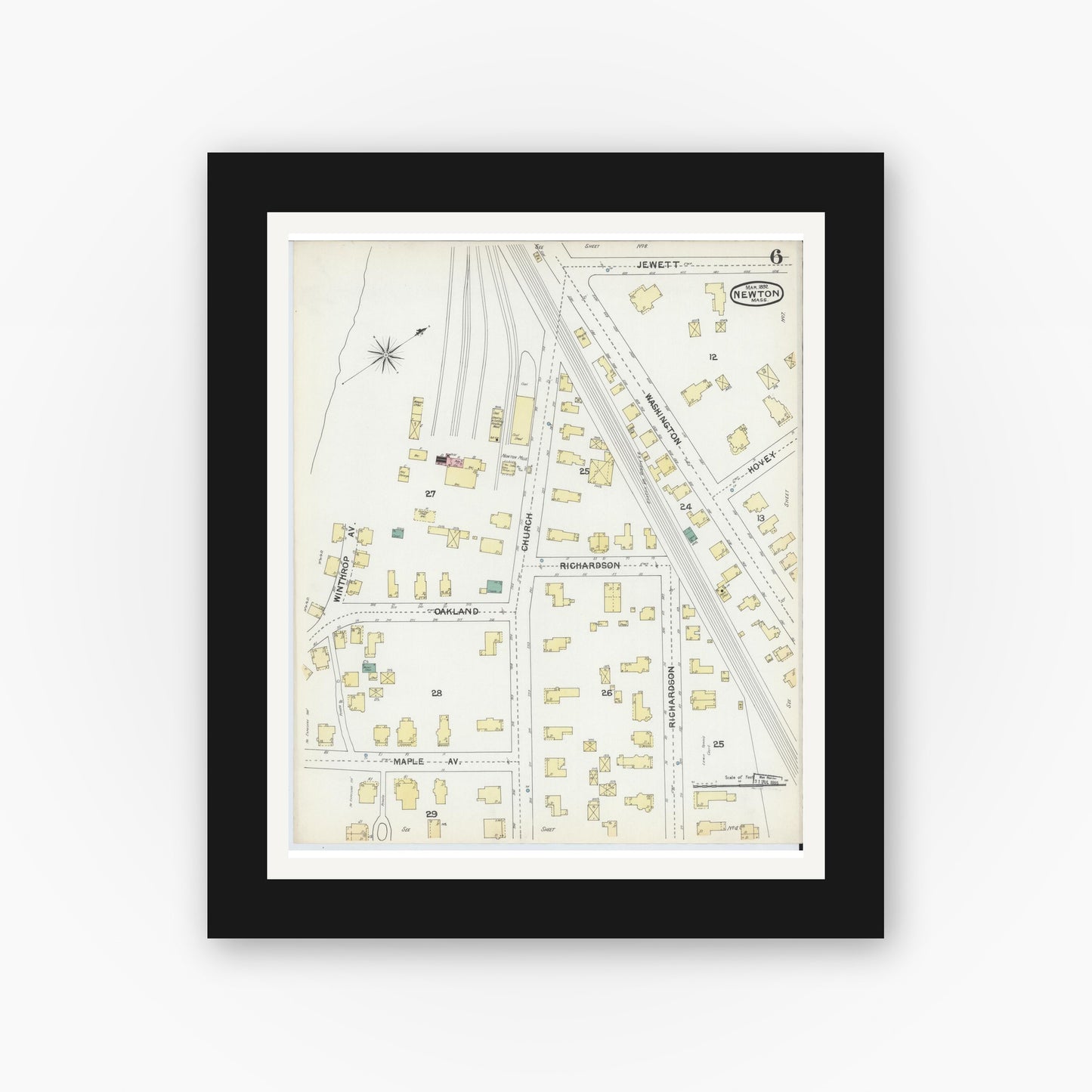 Old map wall art mockup — black gallery frame with white mat — Sanborn Fire Insurance Map from Newton, Middlesex County, Massachusetts (1892), Sheet #0006