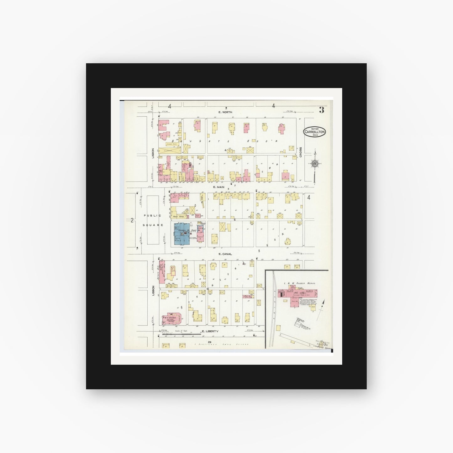 Old map wall art mockup — black gallery frame with white mat — Sanborn Fire Insurance Map from Carrollton, Carroll County, Ohio (1911), Sheet #0003