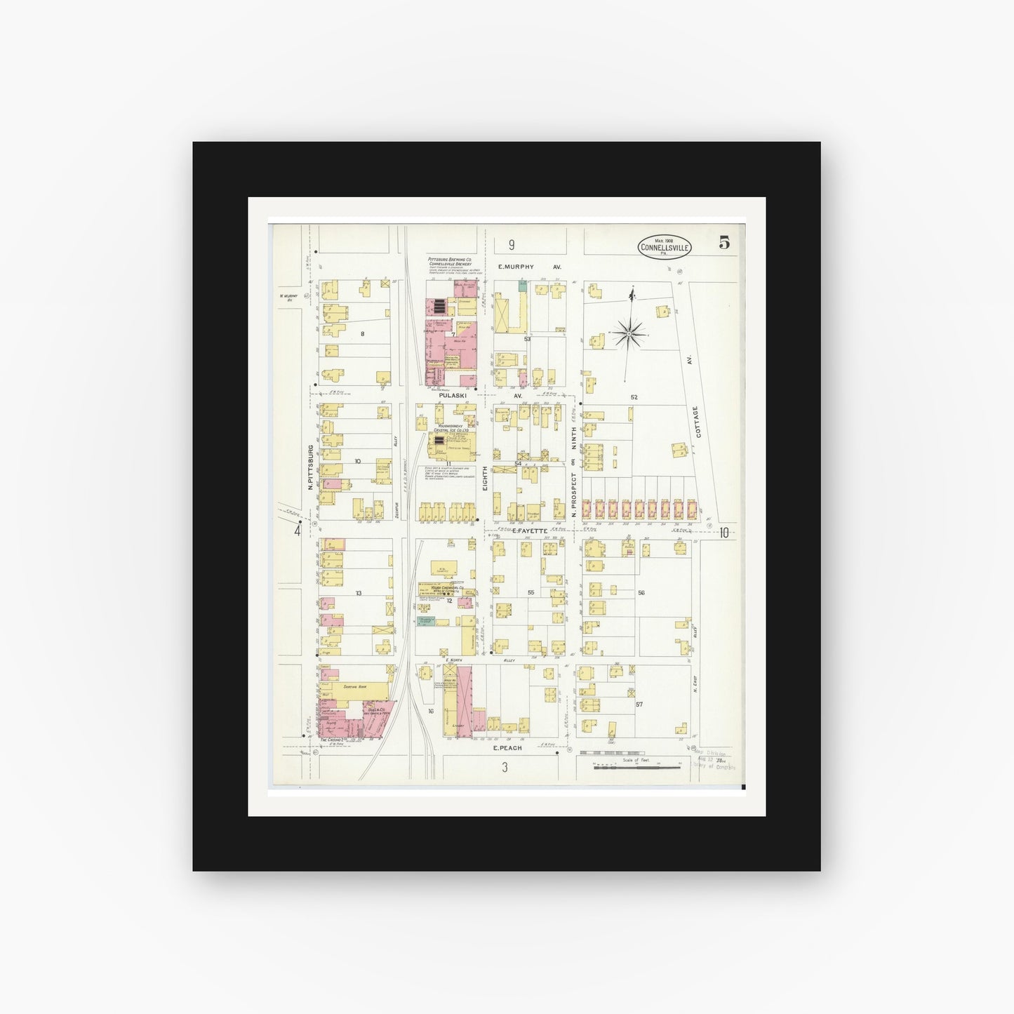 Old map wall art mockup — black gallery frame with white mat — Sanborn Fire Insurance Map from Connellsville, Fayette County, Pennsylvania (1908), Sheet #0005