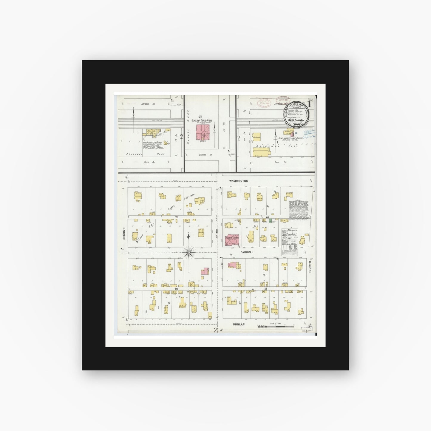 Old map wall art mockup — black gallery frame with white mat — Sanborn Fire Insurance Map from Kentland, Newton County, Indiana (1899) - Complete Map Set