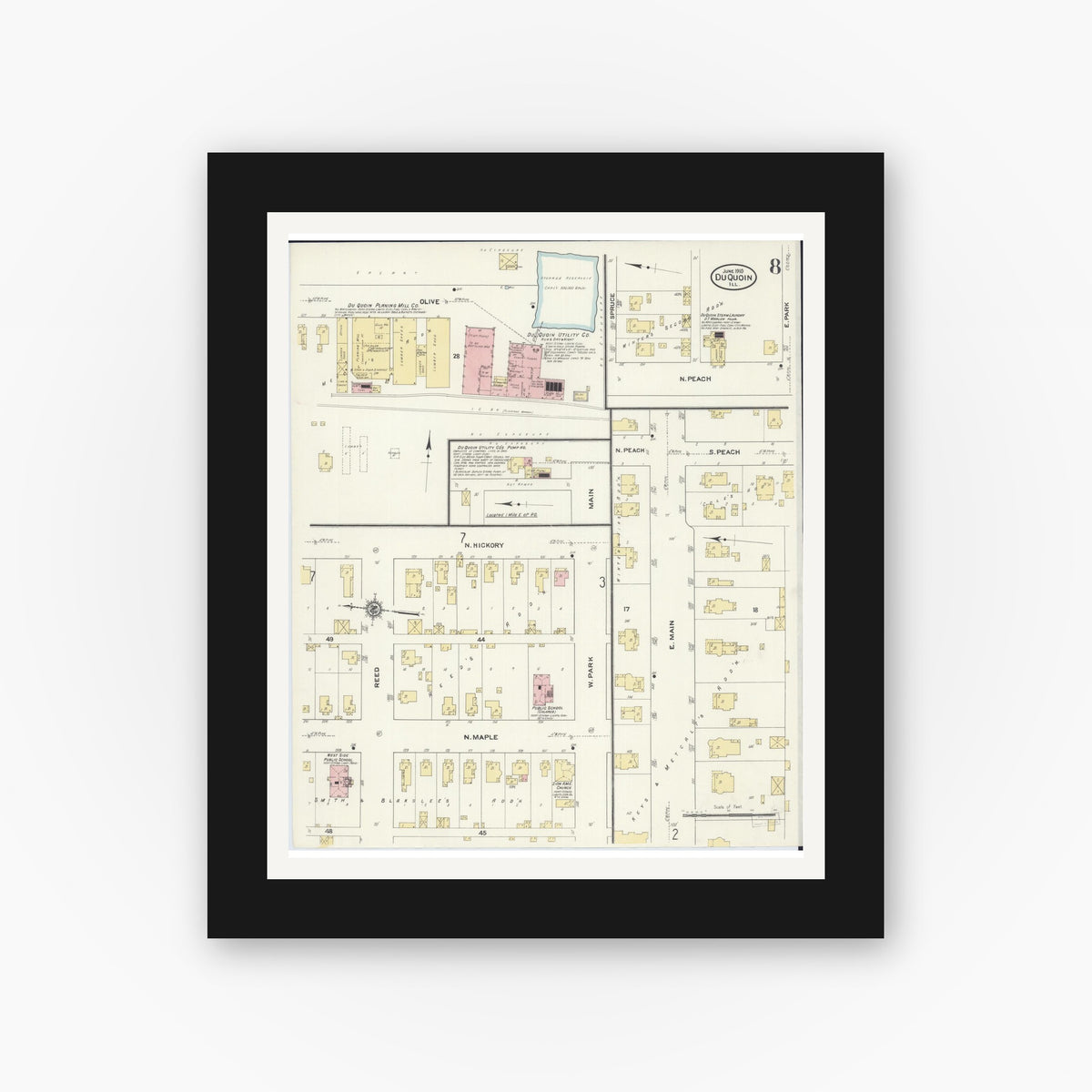 Old map wall art mockup — black gallery frame with white mat — Sanborn Fire Insurance Map from Du Quoin, Perry County, Illinois (1910), Sheet #0008
