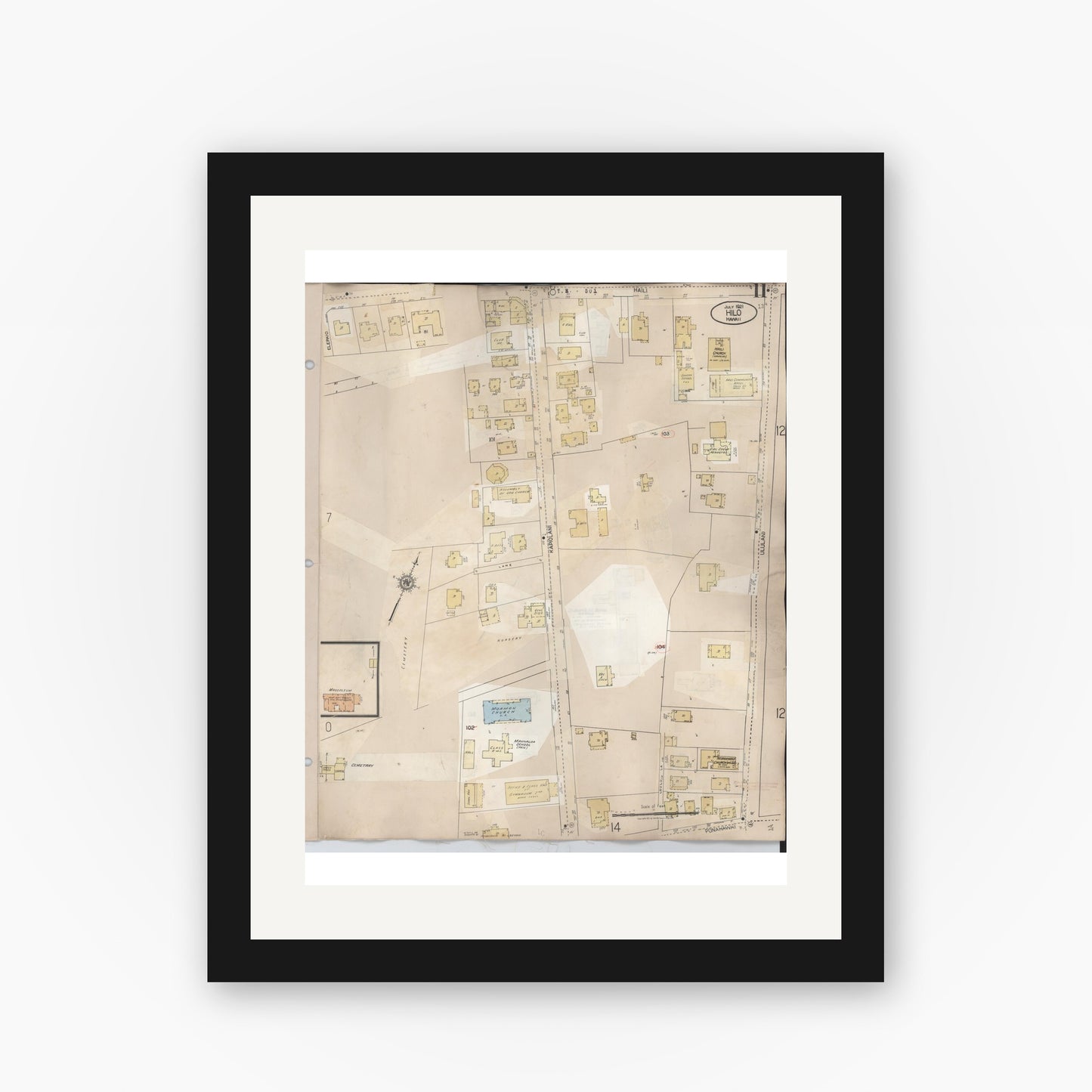 Old map wall art mockup — black gallery frame with white mat — Sanborn Fire Insurance Map from Hilo, Hawaii County, Hawaii (1957), Sheet #0011
