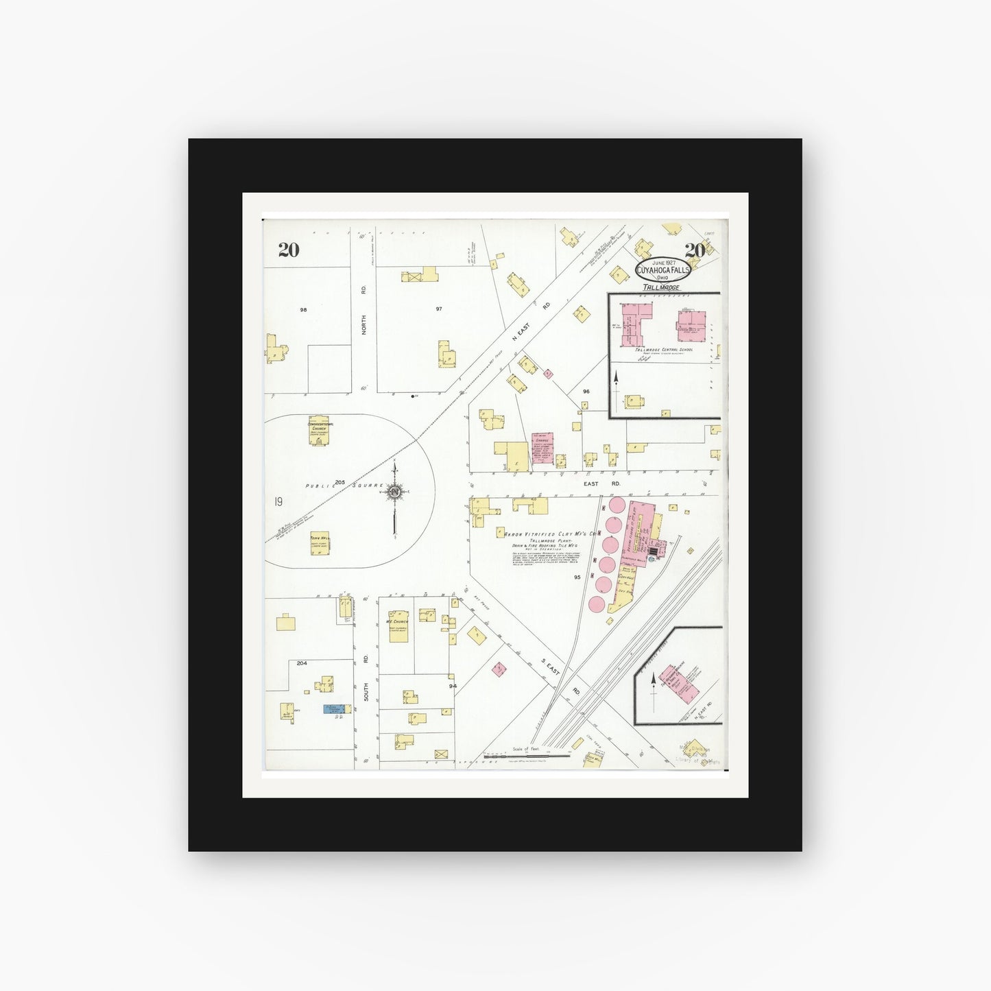 Old map wall art mockup — black gallery frame with white mat — Sanborn Fire Insurance Map from Cuyahoga Falls, Summit County, Ohio (1927), Sheet #0020
