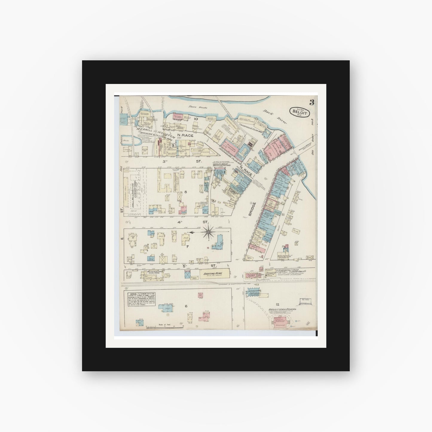 Old map wall art mockup — black gallery frame with white mat — Sanborn Fire Insurance Map from Beloit, Rock County, Wisconsin (1884), Sheet #0003