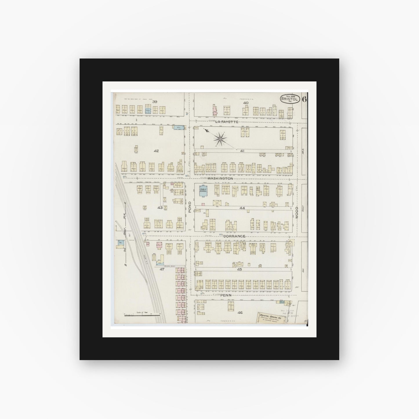 Old map wall art mockup — black gallery frame with white mat — Sanborn Fire Insurance Map from Bristol, Bucks County, Pennsylvania (1886), Sheet #0006