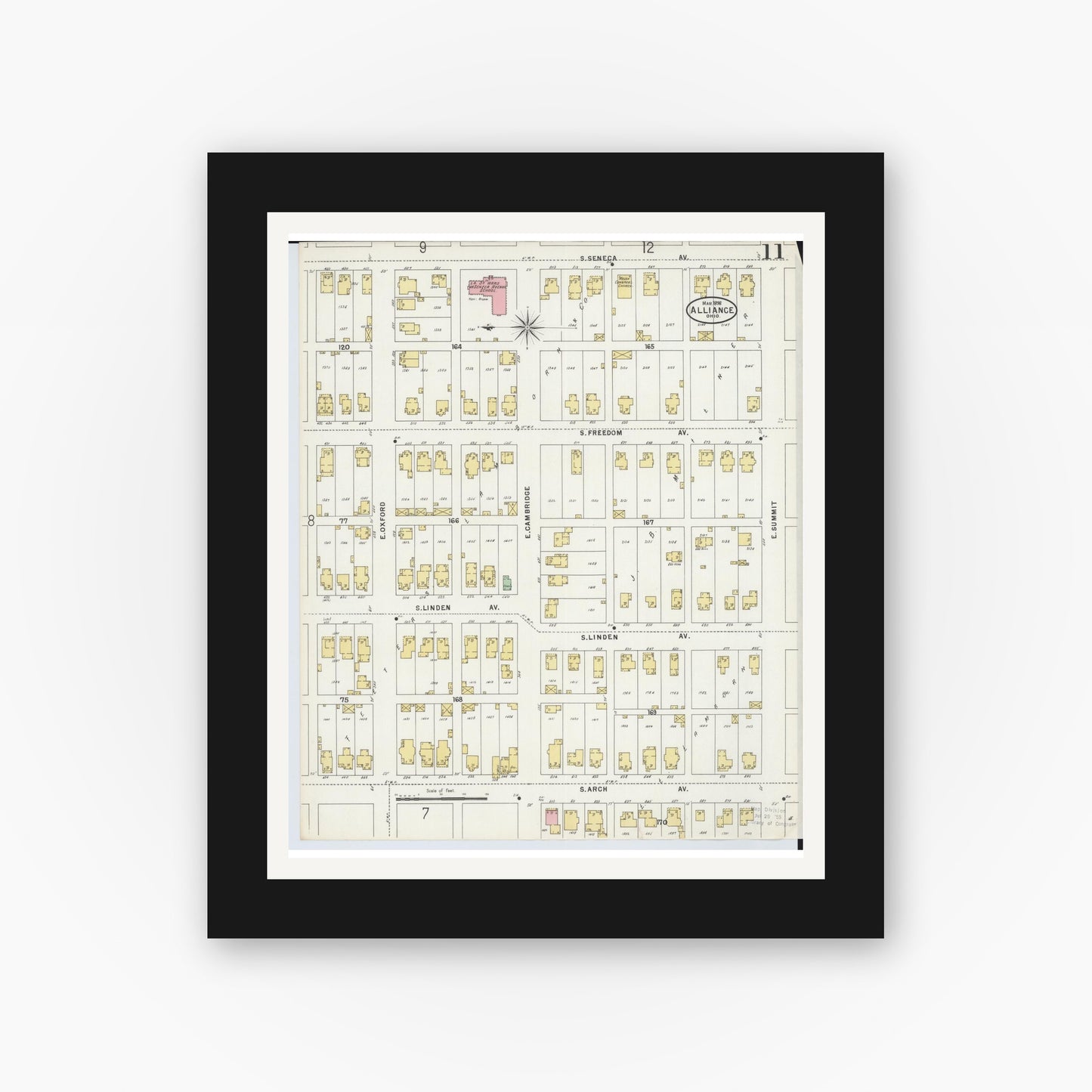 Old map wall art mockup — black gallery frame with white mat — Sanborn Fire Insurance Map from Alliance, Stark County, Ohio (1898), Sheet #0011
