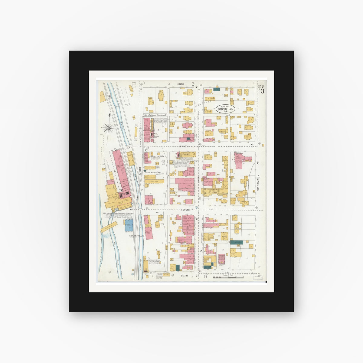 Old map wall art mockup — black gallery frame with white mat — Sanborn Fire Insurance Map from Brookville, Franklin County, Indiana (1906), Sheet #0003