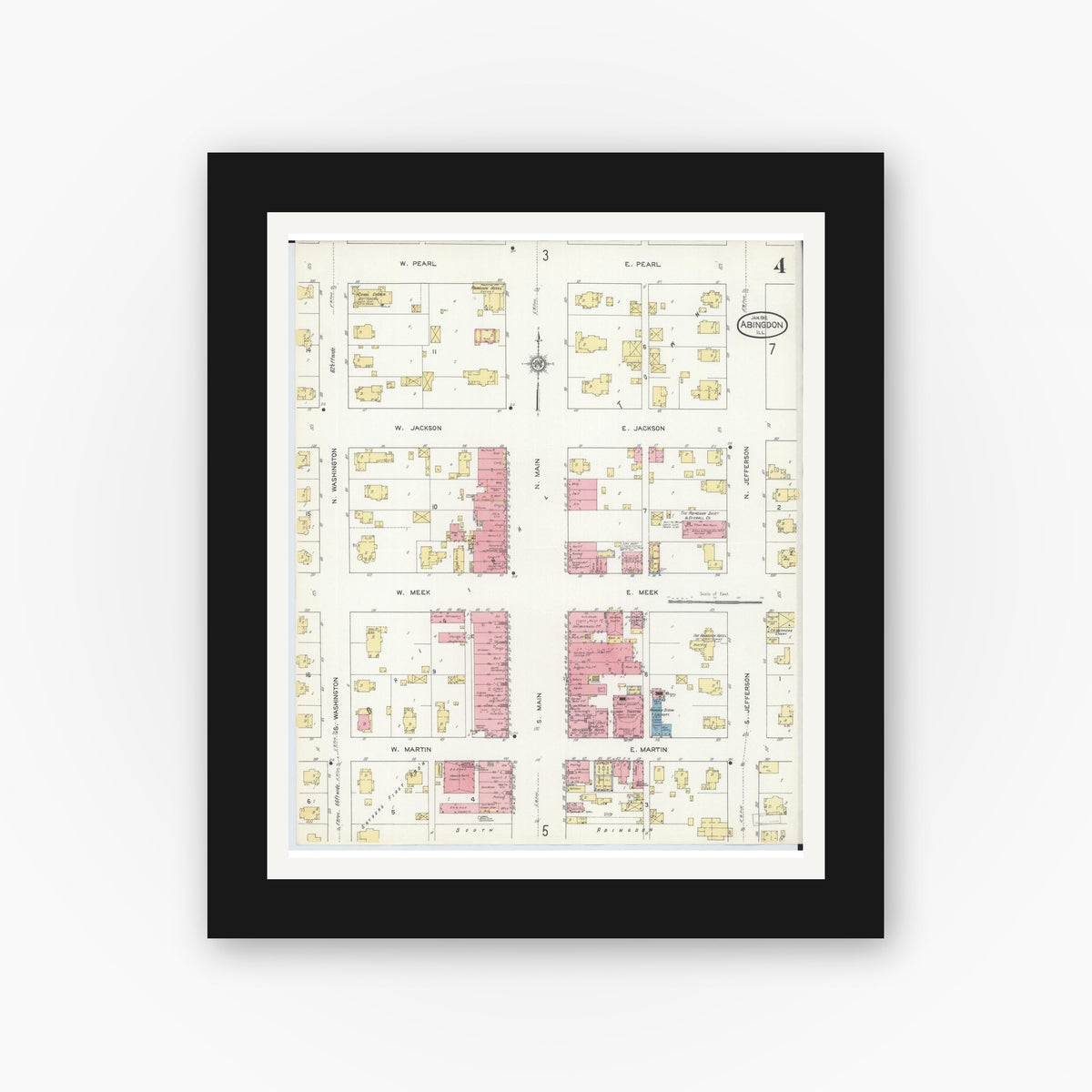 Old map wall art mockup — black gallery frame with white mat — Sanborn Fire Insurance Map from Abingdon, Knox County, Illinois (1912), Sheet #0004