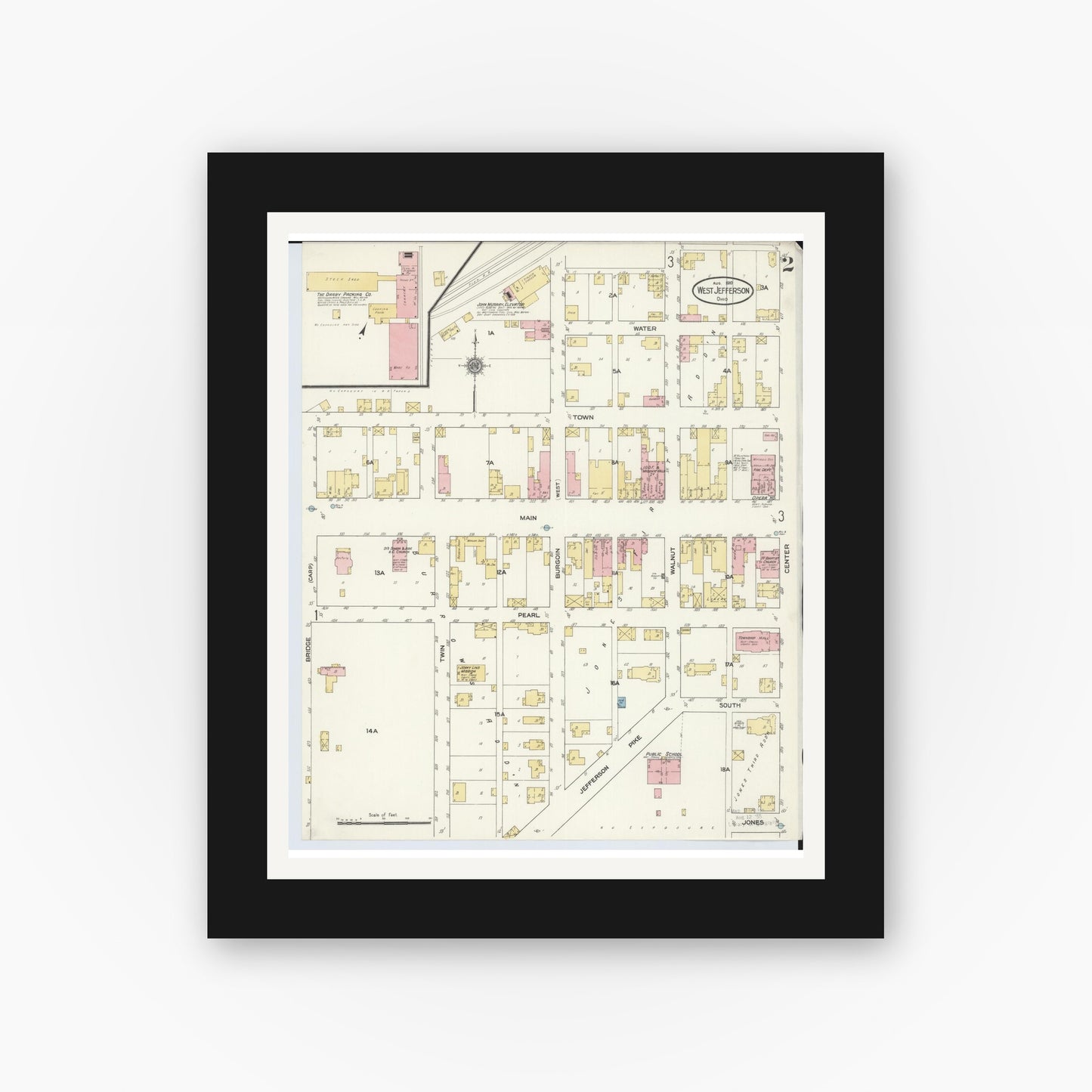Old map wall art mockup — black gallery frame with white mat — Sanborn Fire Insurance Map from West Jefferson, Madison County, Ohio (1910), Sheet #0002