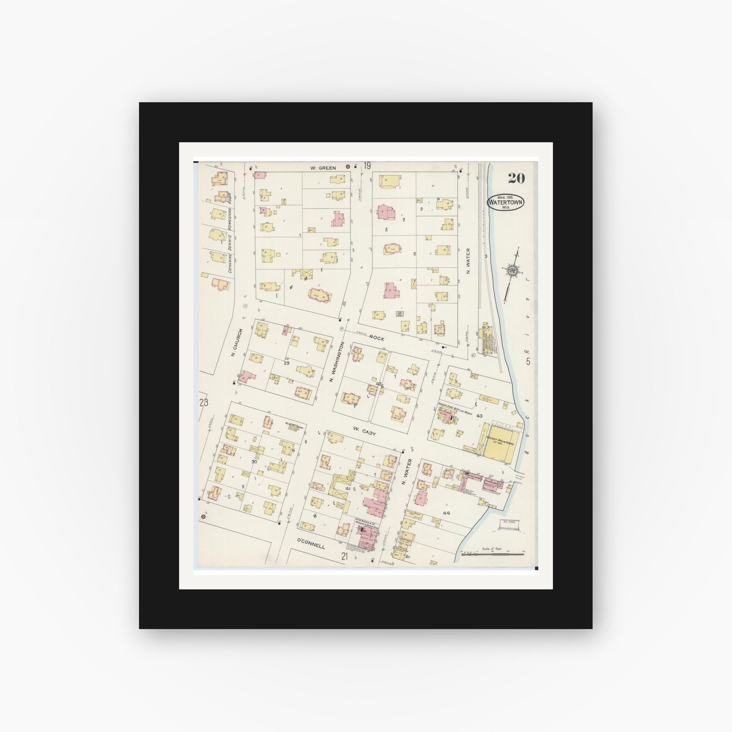 Old map wall art mockup — black gallery frame with white mat — Sanborn Fire Insurance Map from Watertown, Jefferson County, Wisconsin (1915), Sheet #0021