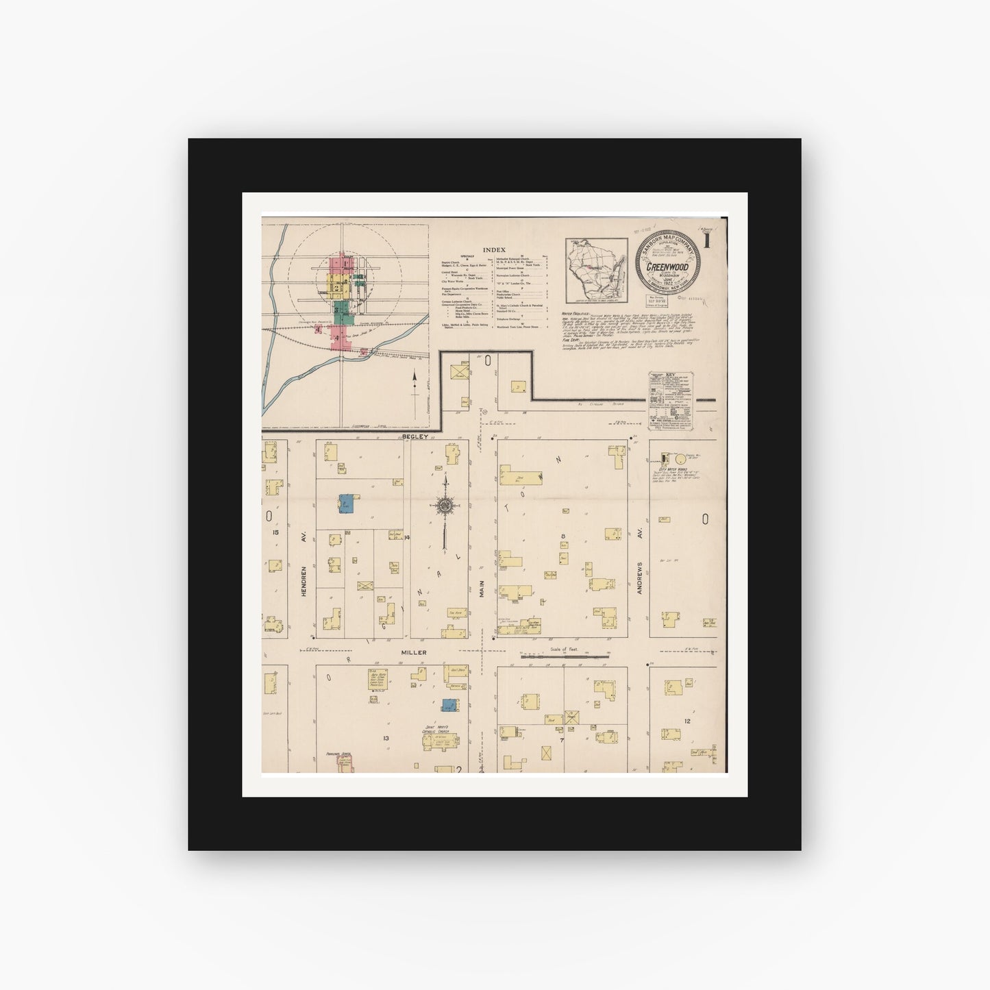 Old map wall art mockup — black gallery frame with white mat — Sanborn Fire Insurance Map from Greenwood, Clark County, Wisconsin (1922) - Complete Map Set