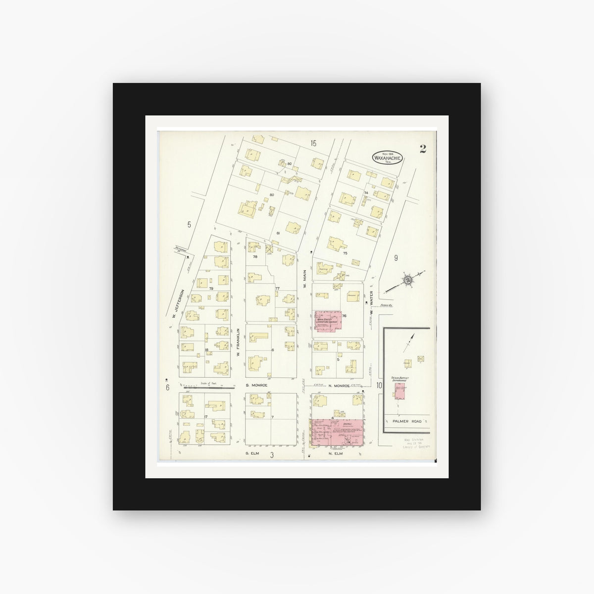 Old map wall art mockup — black gallery frame with white mat — Sanborn Fire Insurance Map from Waxahachie, Ellis County, Texas (1914), Sheet #0002