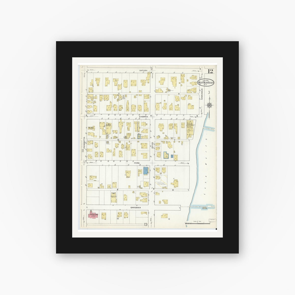 Old map wall art mockup — black gallery frame with white mat — Sanborn Fire Insurance Map from West Palm Beach, Dade County, Florida (1915), Sheet #0012