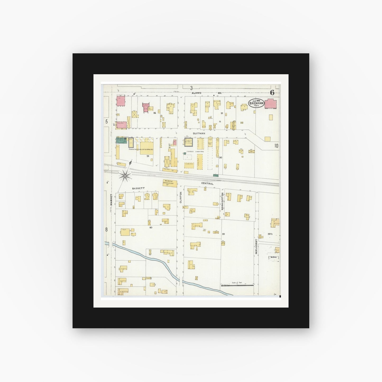 Old map wall art mockup — black gallery frame with white mat — Sanborn Fire Insurance Map from Brenham, Washington County, Texas (1906), Sheet #0006