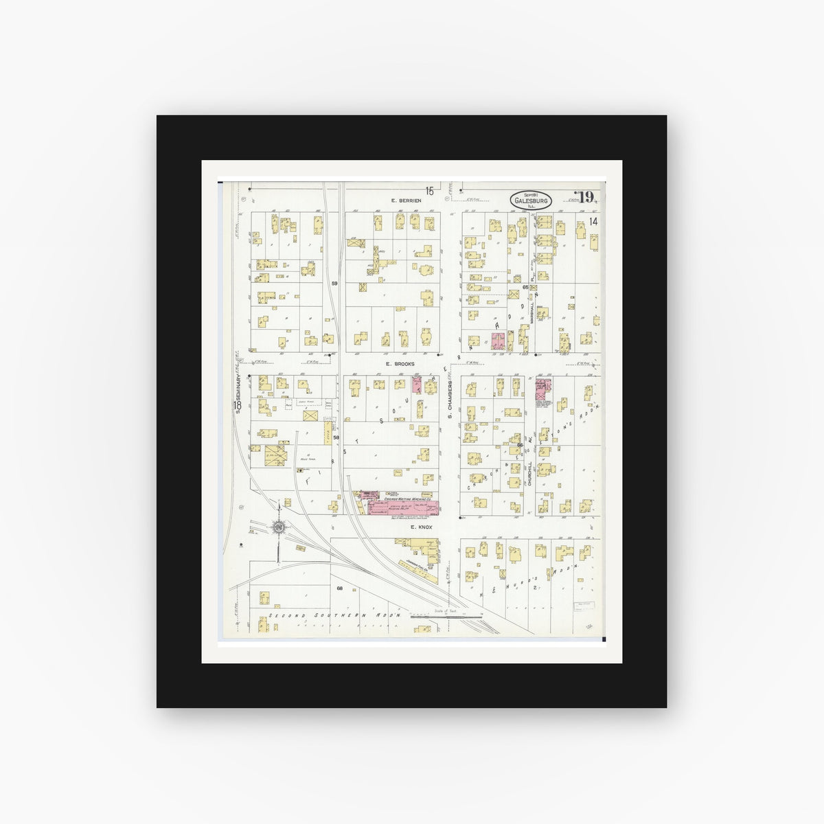 Old map wall art mockup — black gallery frame with white mat — Sanborn Fire Insurance Map from Galesburg, Knox County, Illinois (1911), Sheet #0019