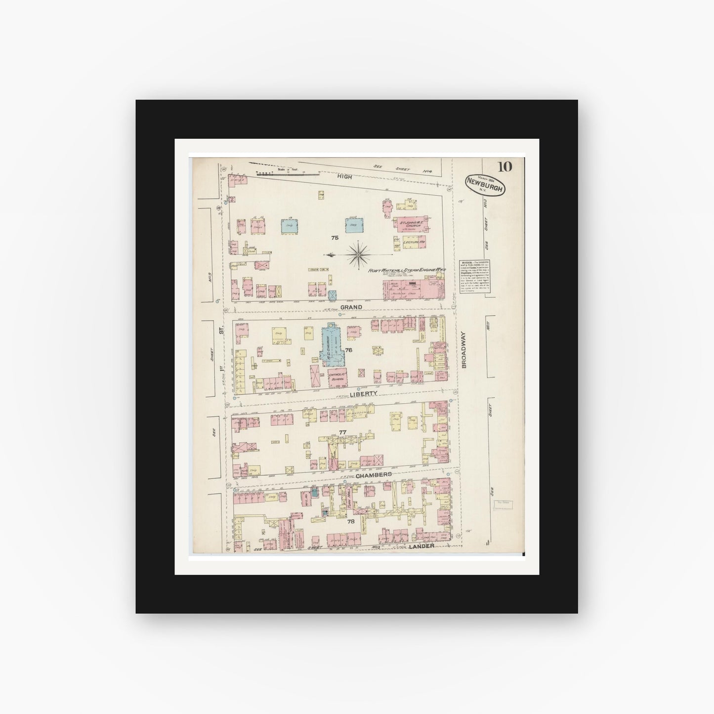 Old map wall art mockup — black gallery frame with white mat — Sanborn Fire Insurance Map from Newburgh, Orange County, New York (1884), Sheet #0010