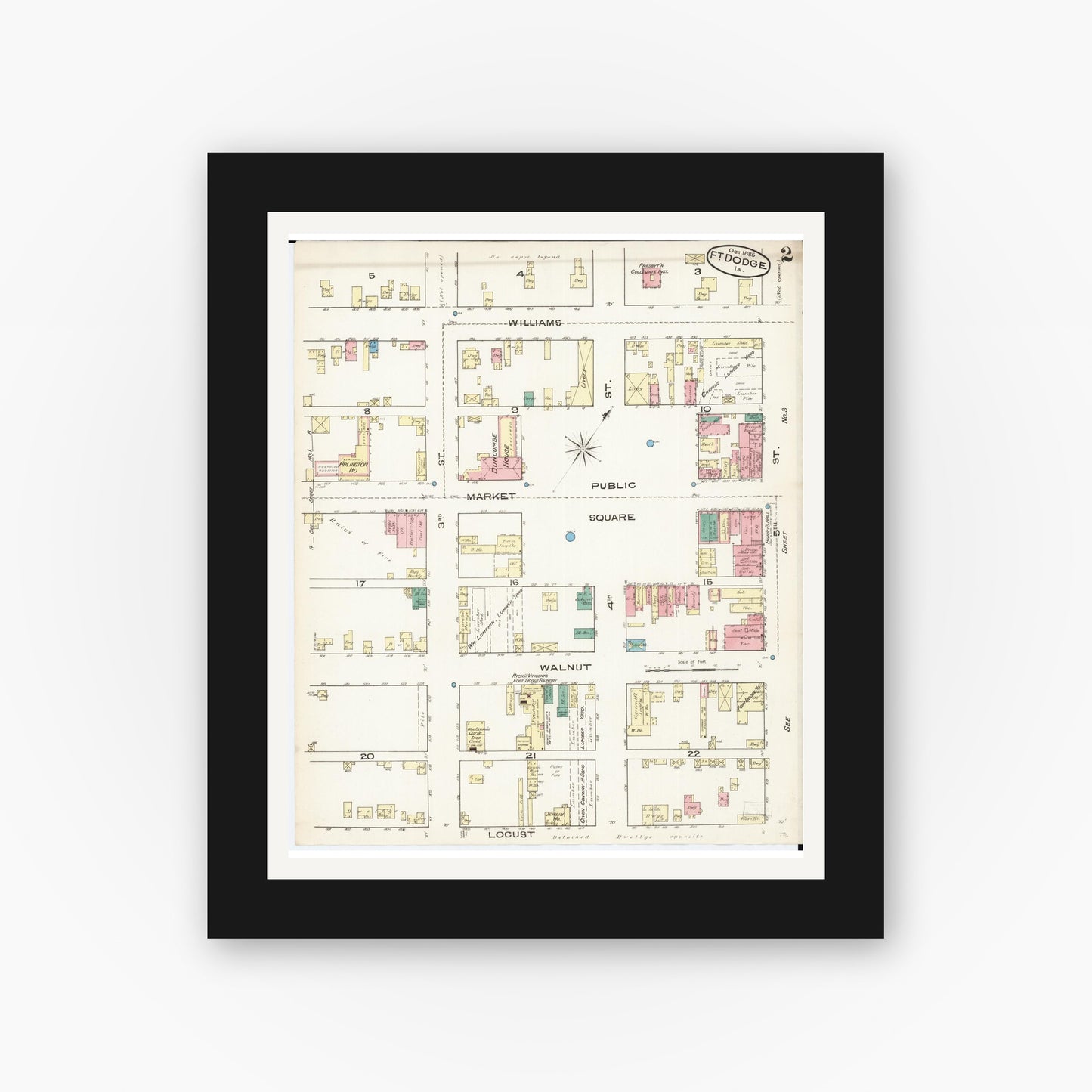 Old map wall art mockup — black gallery frame with white mat — Sanborn Fire Insurance Map from Fort Dodge, Webster County, Iowa (1885), Sheet #0002