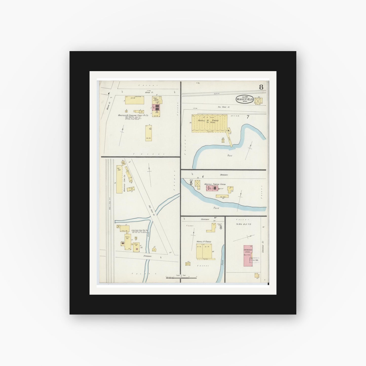 Old map wall art mockup — black gallery frame with white mat — Sanborn Fire Insurance Map from Wakefield, Middlesex County, Massachusetts (1897), Sheet #0008