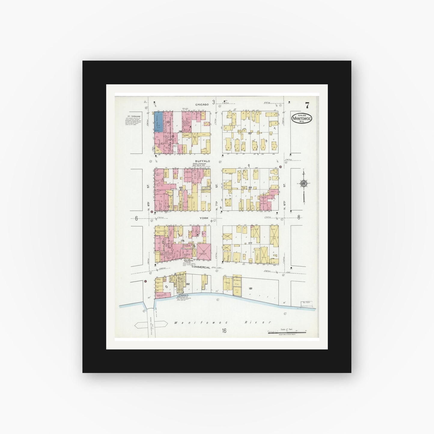Old map wall art mockup — black gallery frame with white mat — Sanborn Fire Insurance Map from Manitowoc, Manitowoc County, Wisconsin (1919), Sheet #0007